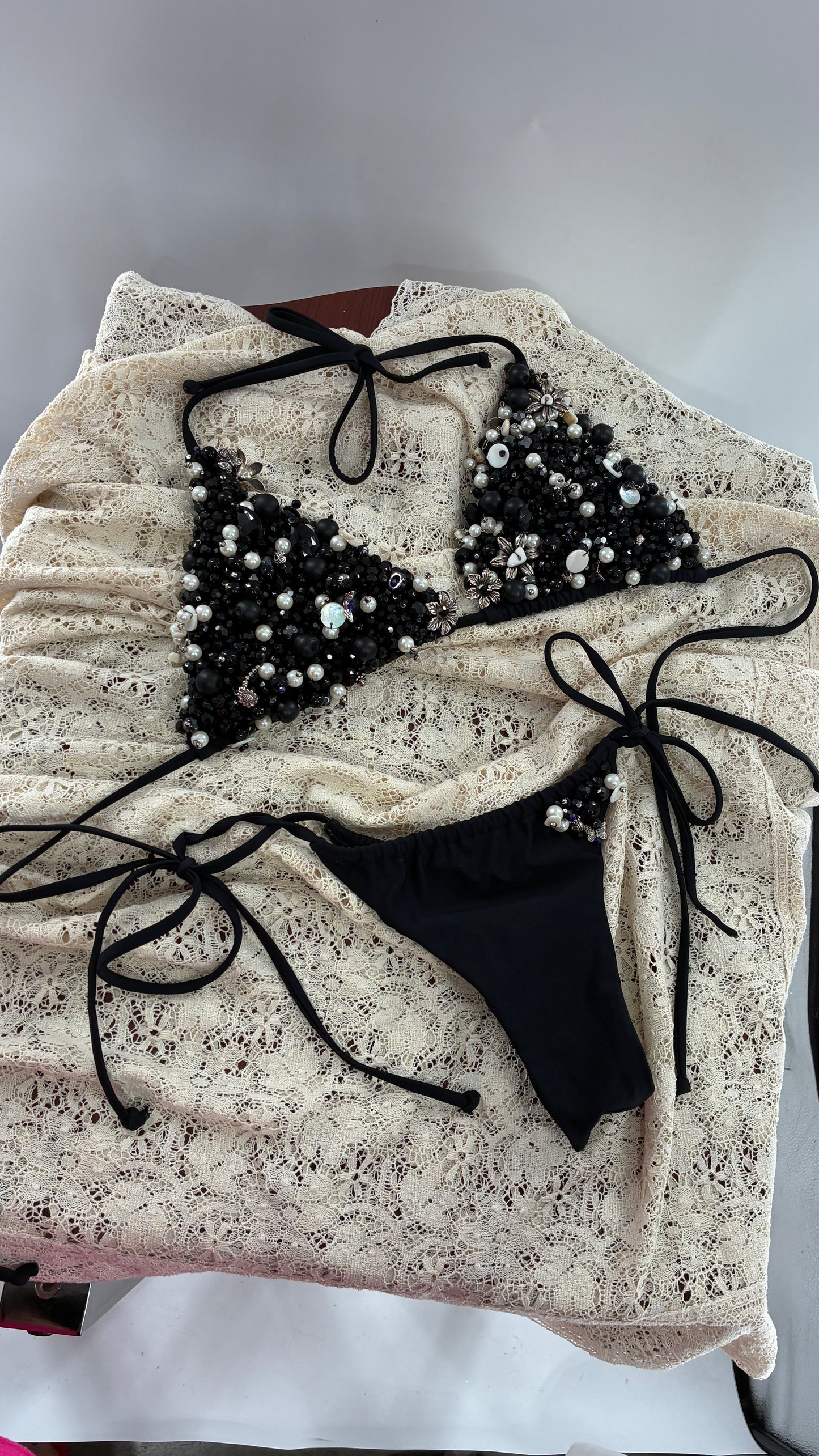 CUSTOM 1/1 Black Swimsuit Covered in Hand Placed and Sewn Beads, Charms, and Gems (MEDIUM)