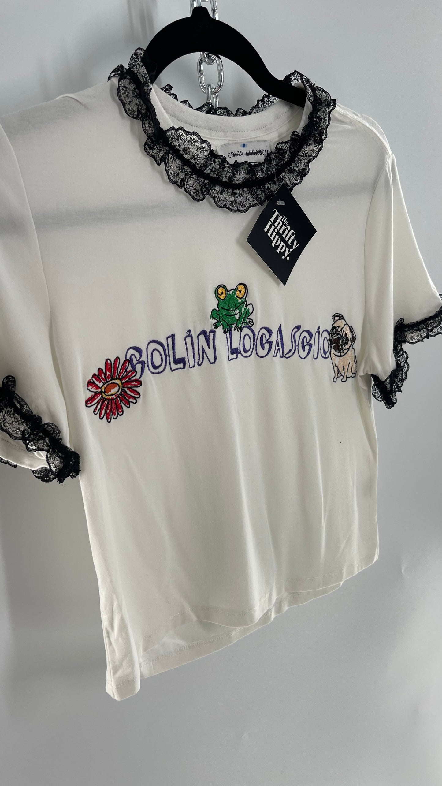 Colin Locascio Tannie T Shirt White Black Lace Ruffle Sleeves Frog Embroidery (Small)