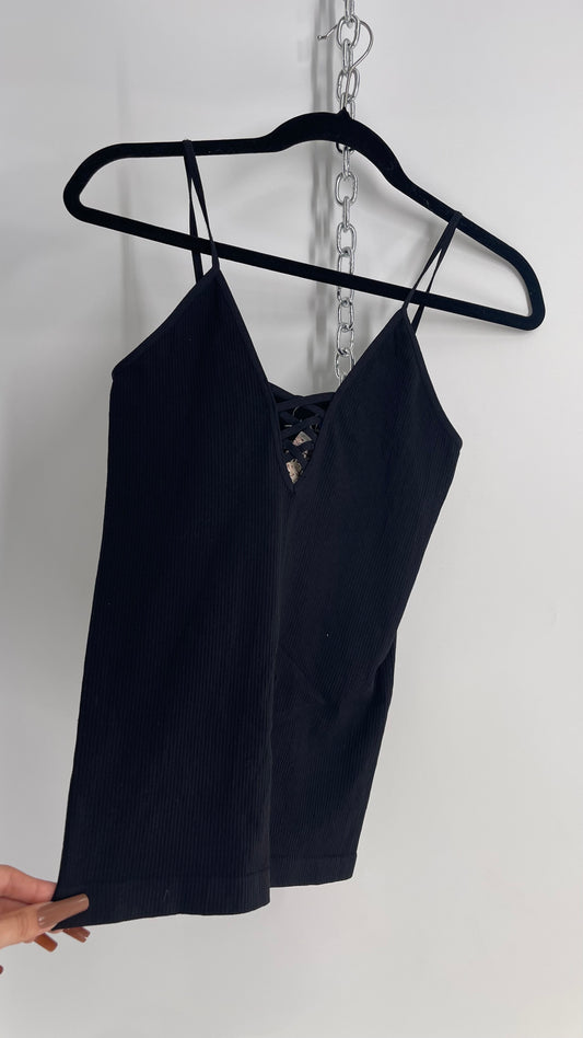 Free People Black Ribbed Lace Up Tank (XS/S)