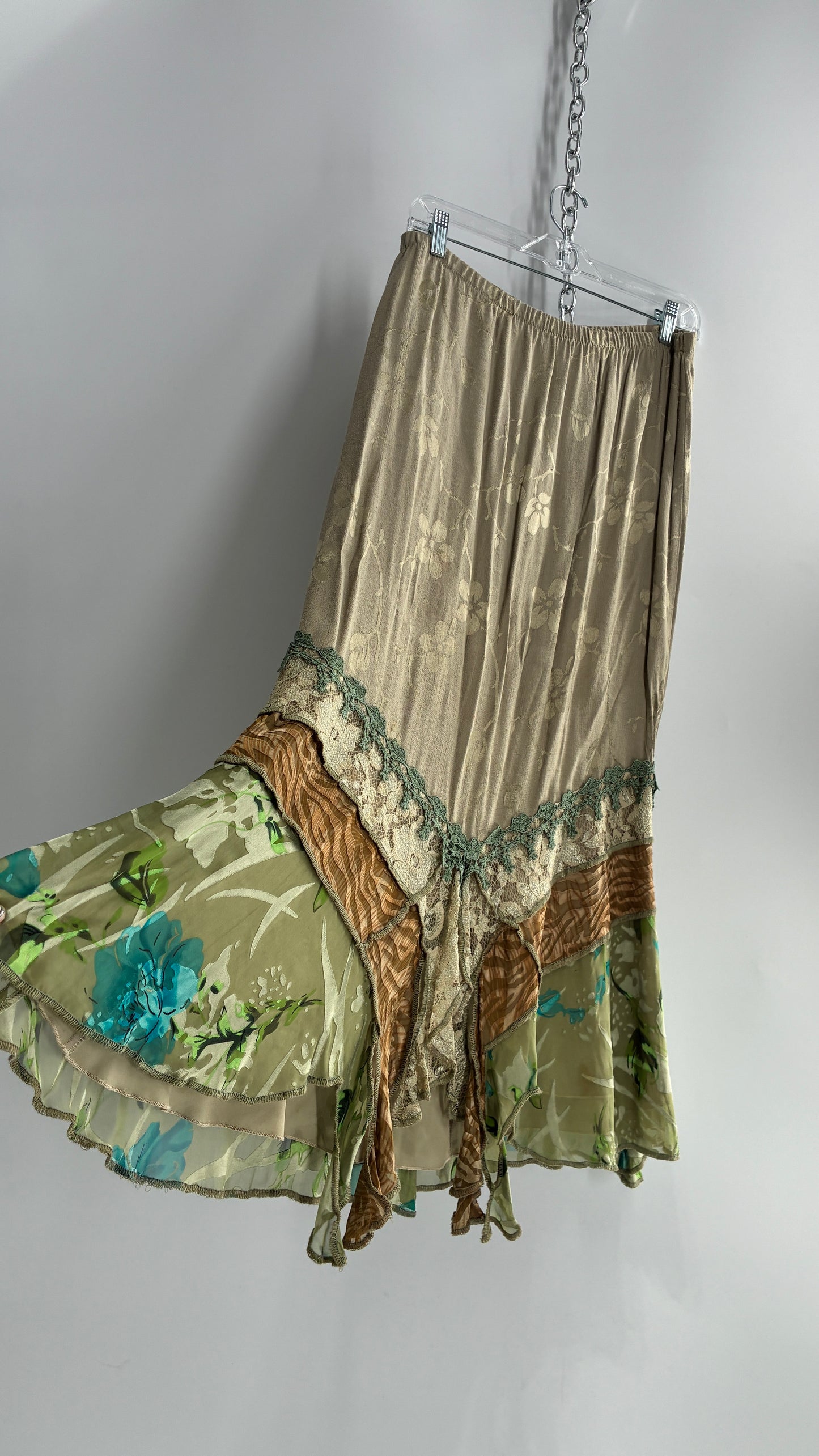 Vintage SPENCER ALEXIS Muted Green Full Skirt with Mixed Pattern Handkerchief Hem (Large)