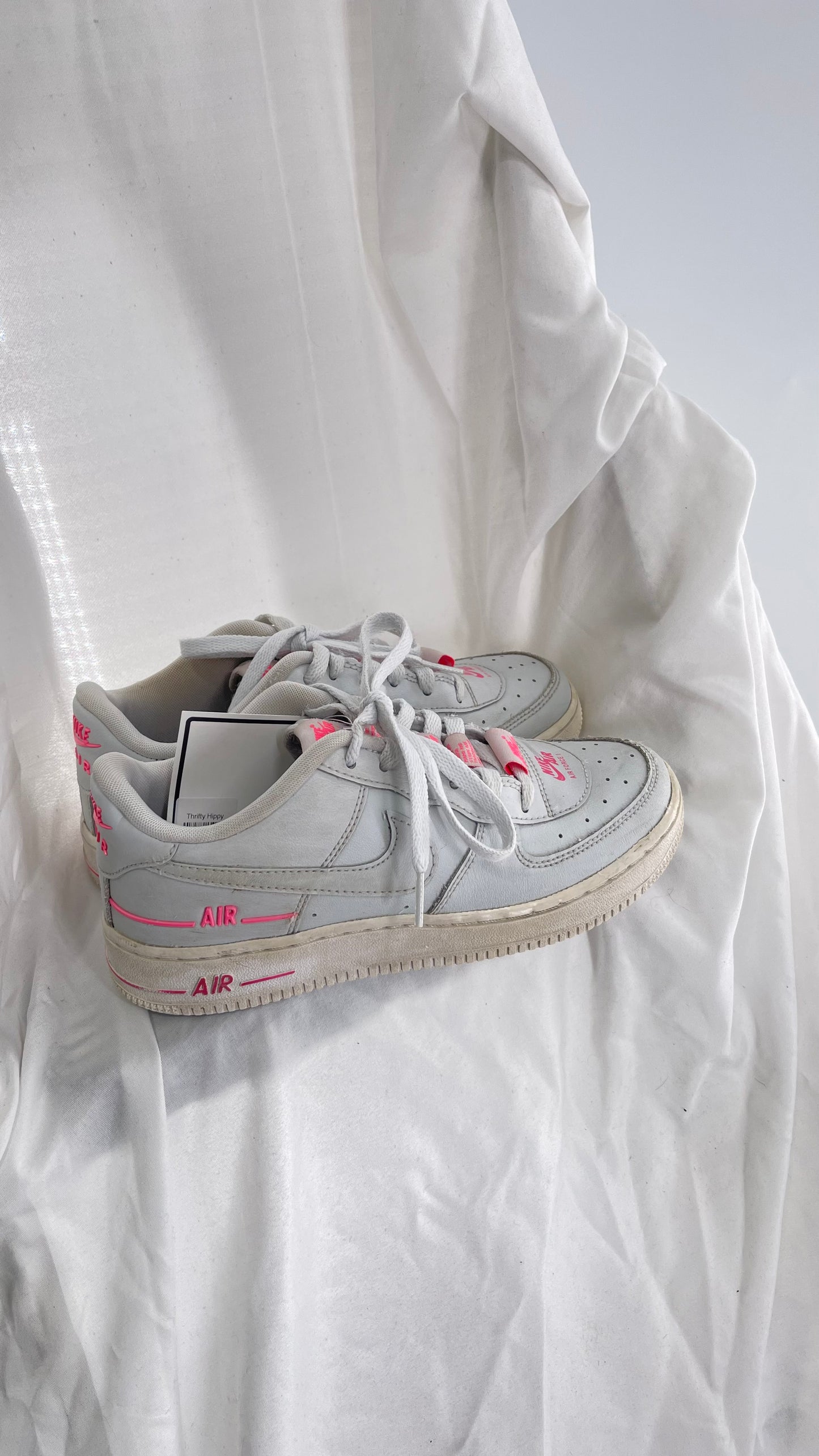 Custom Nikes Worn White with Tags on Laces and Neon Pink Details (4Y)