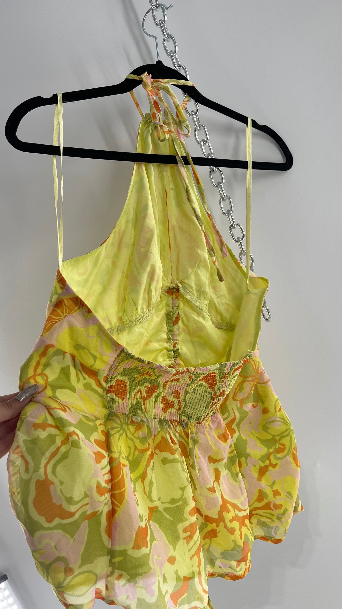 Free People Lime Green and Yellow Ruched Blouse with Cut Out Bust, Adjustable Scrunched Torso and Tie Neck Tank (XS)