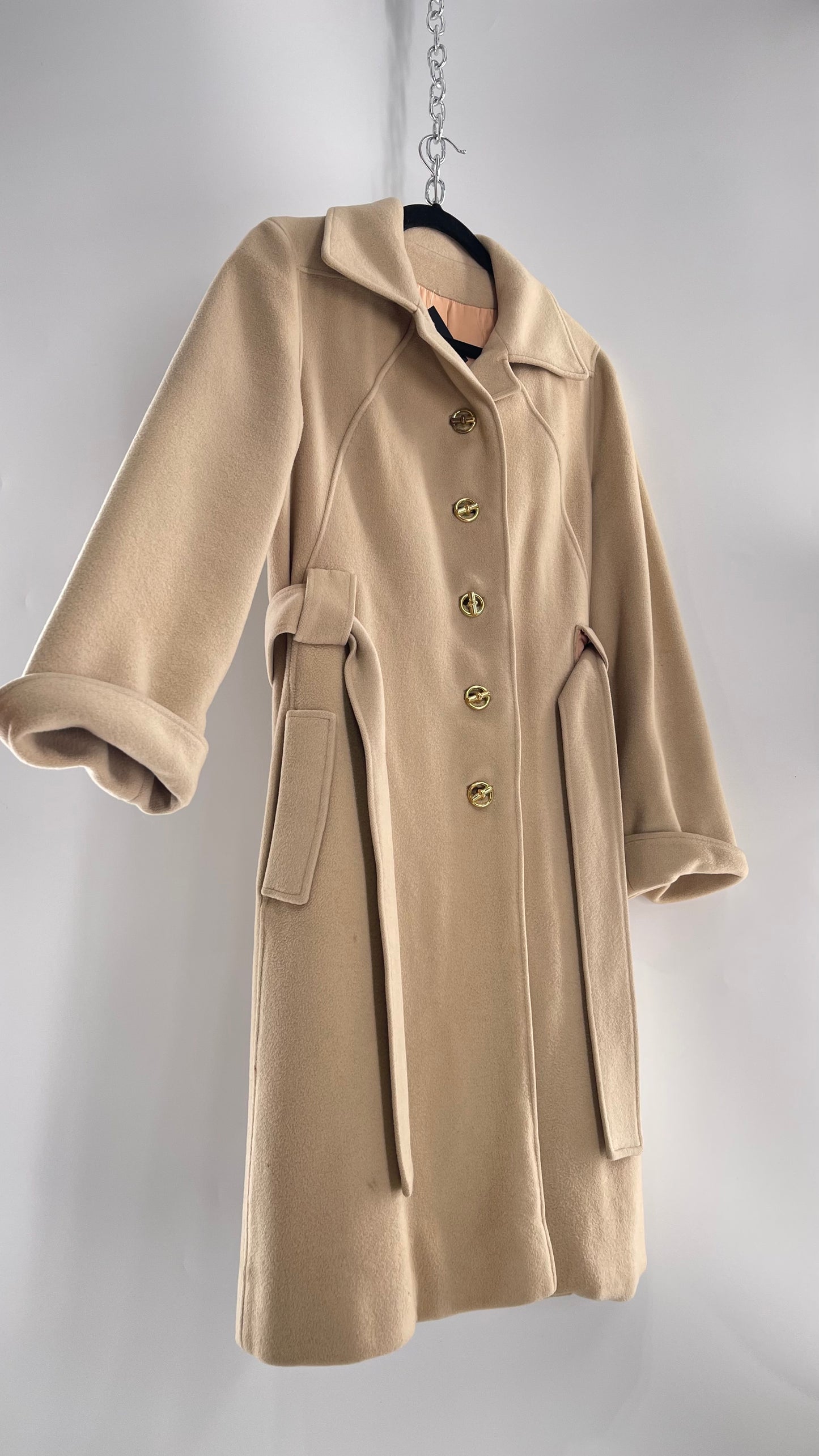 Vintage 100% Amicale Cashmere Beige Cream Coat with Apricot Satin Lining (C) (S/M)