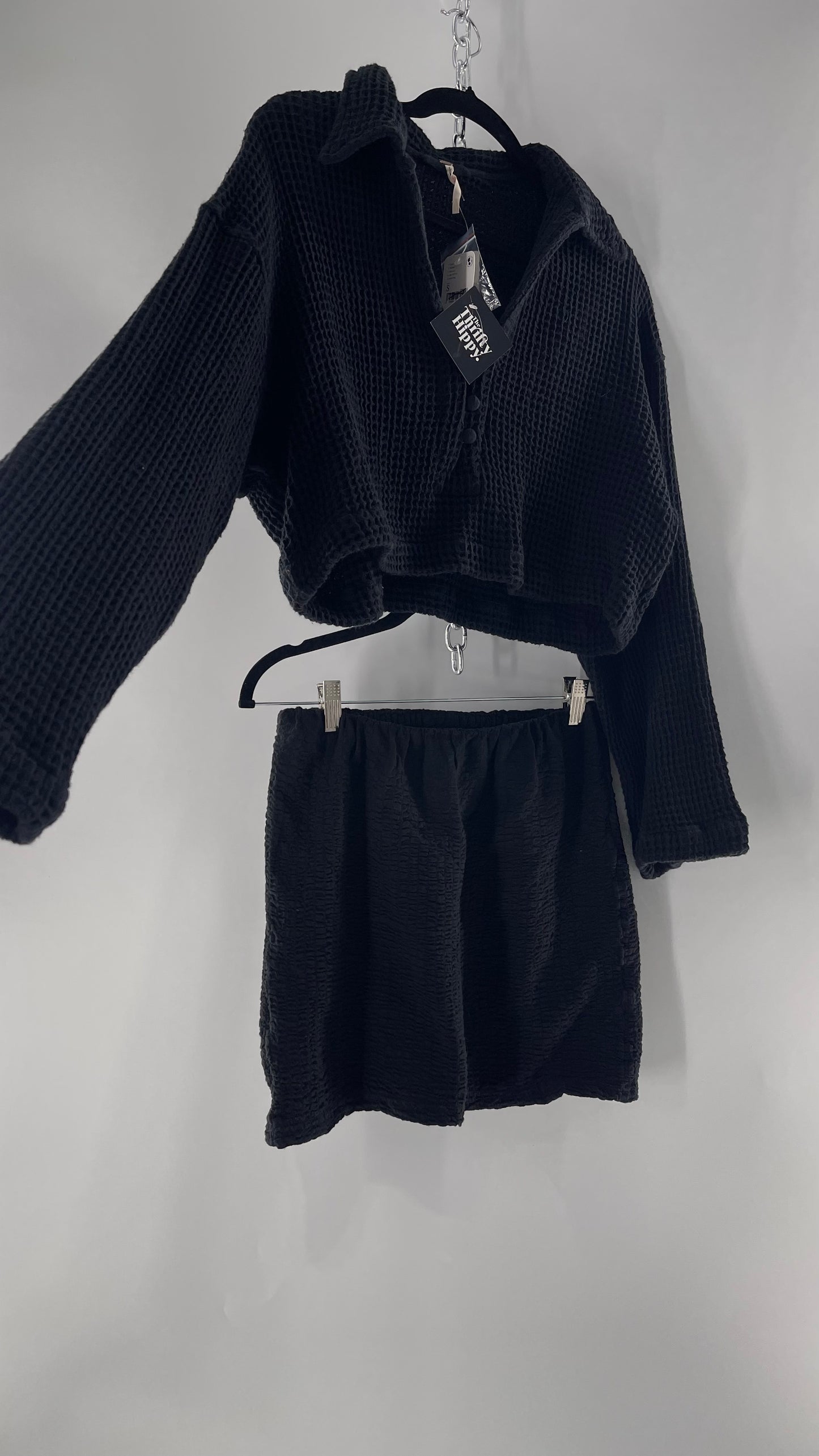 Free People Waffle Knit Black Cropped Button Up and Skirt Set with Tags Attached (Small)