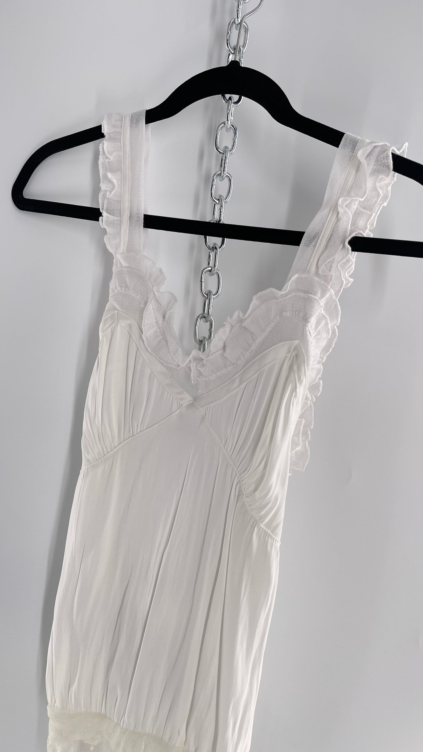 Free People White Silky Soft Bodysuit with Ruffled Bust-line and Straps (M)