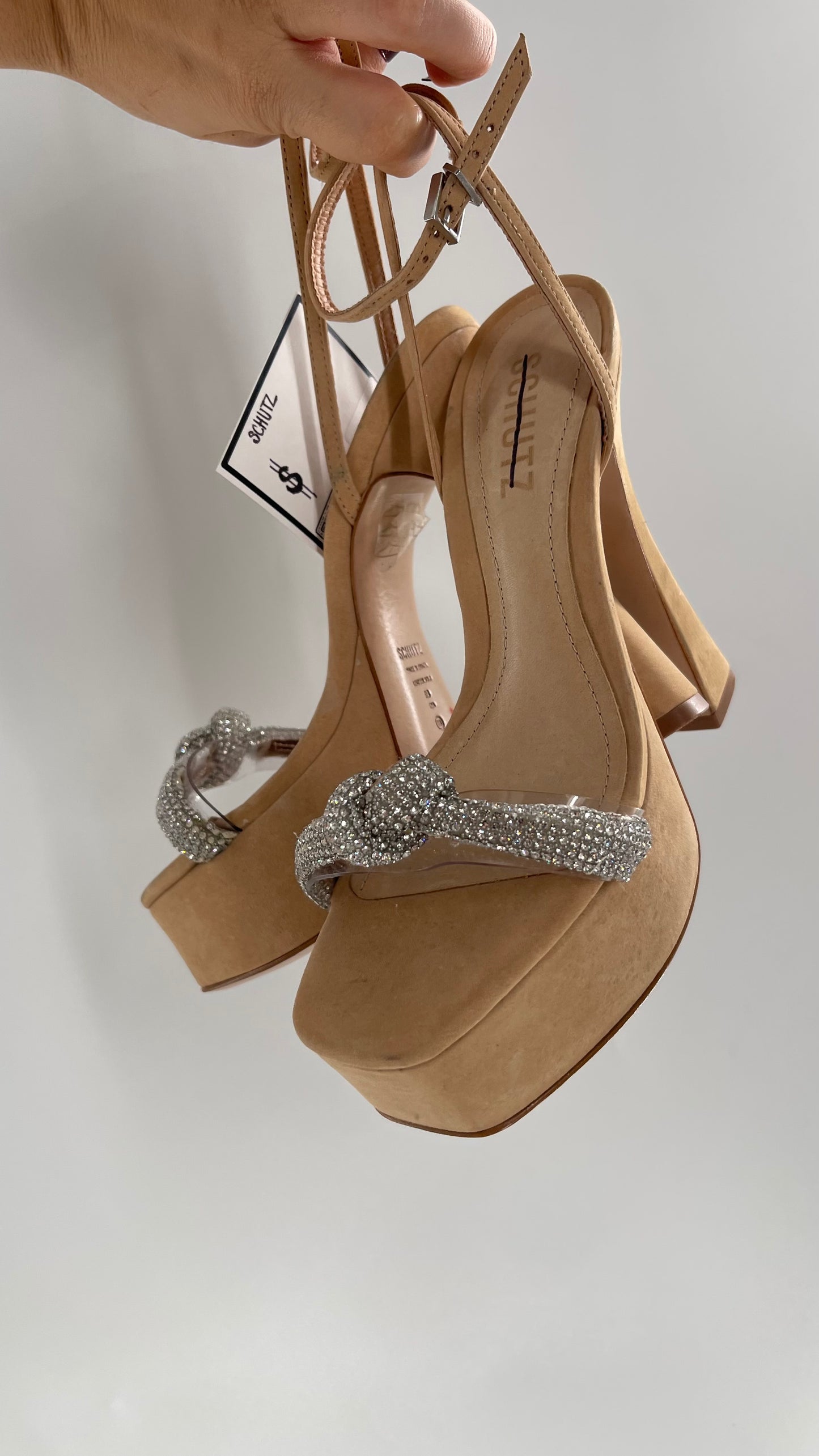 SCHÜTZ Peaky Beige/Tan/Nude Platform Heel with Funky Heel and Clear Knot Rhinestone Toe Strap (6)