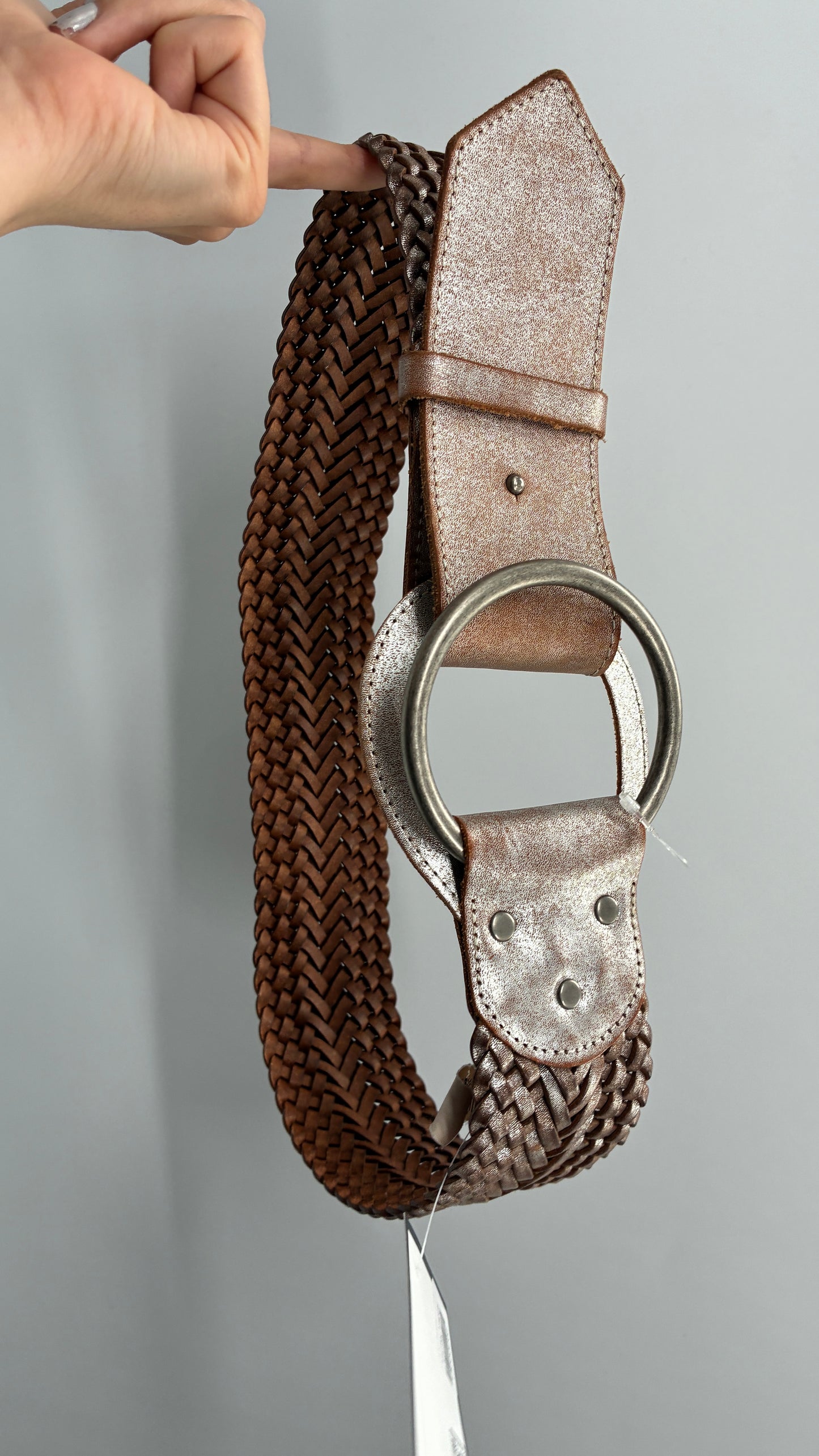 Vintage ARMANI Metallic Silver Thick Braided Leather Belt with Oversized Metal Loop Buckle (Small)