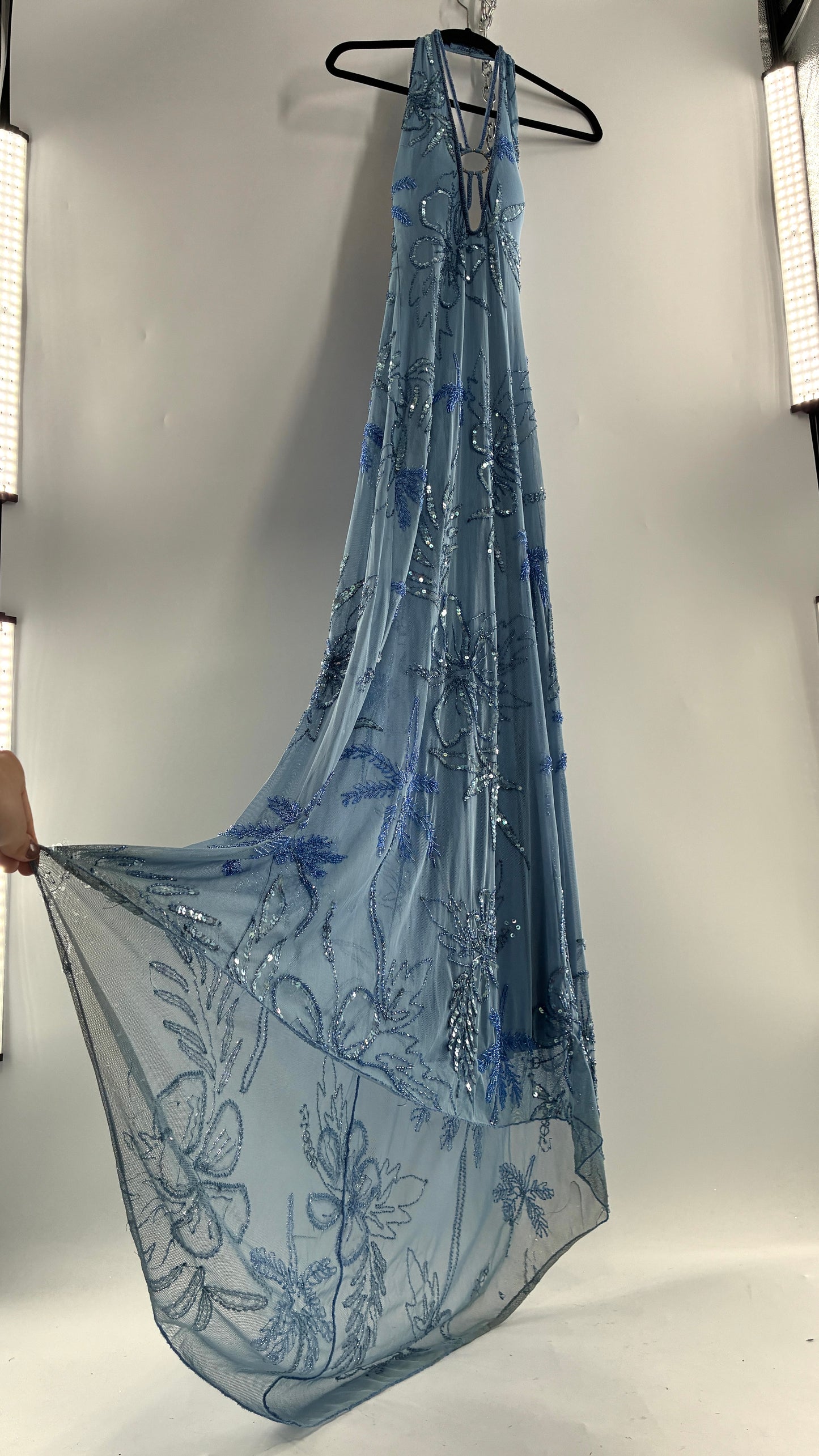 Vintage 1990s Powder Blue Gown Covered in Beaded Appliqué Tropical Designs with Strappy Bust and Low, Open Back (S/M, stretchy no size marked)
