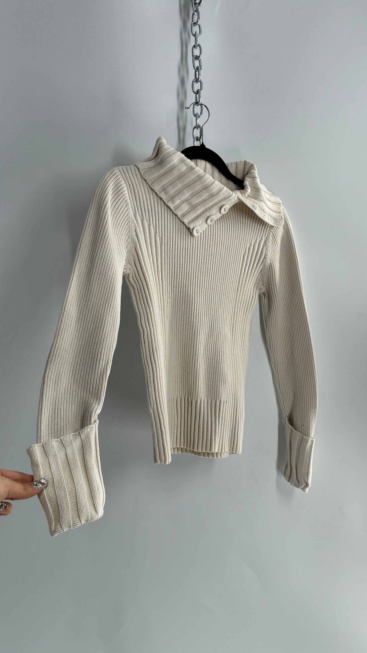Vintage 1990s DKNY Off White Thick Ribbed Long Sleeve with Fold Over Wrists and Neckline (Medium)