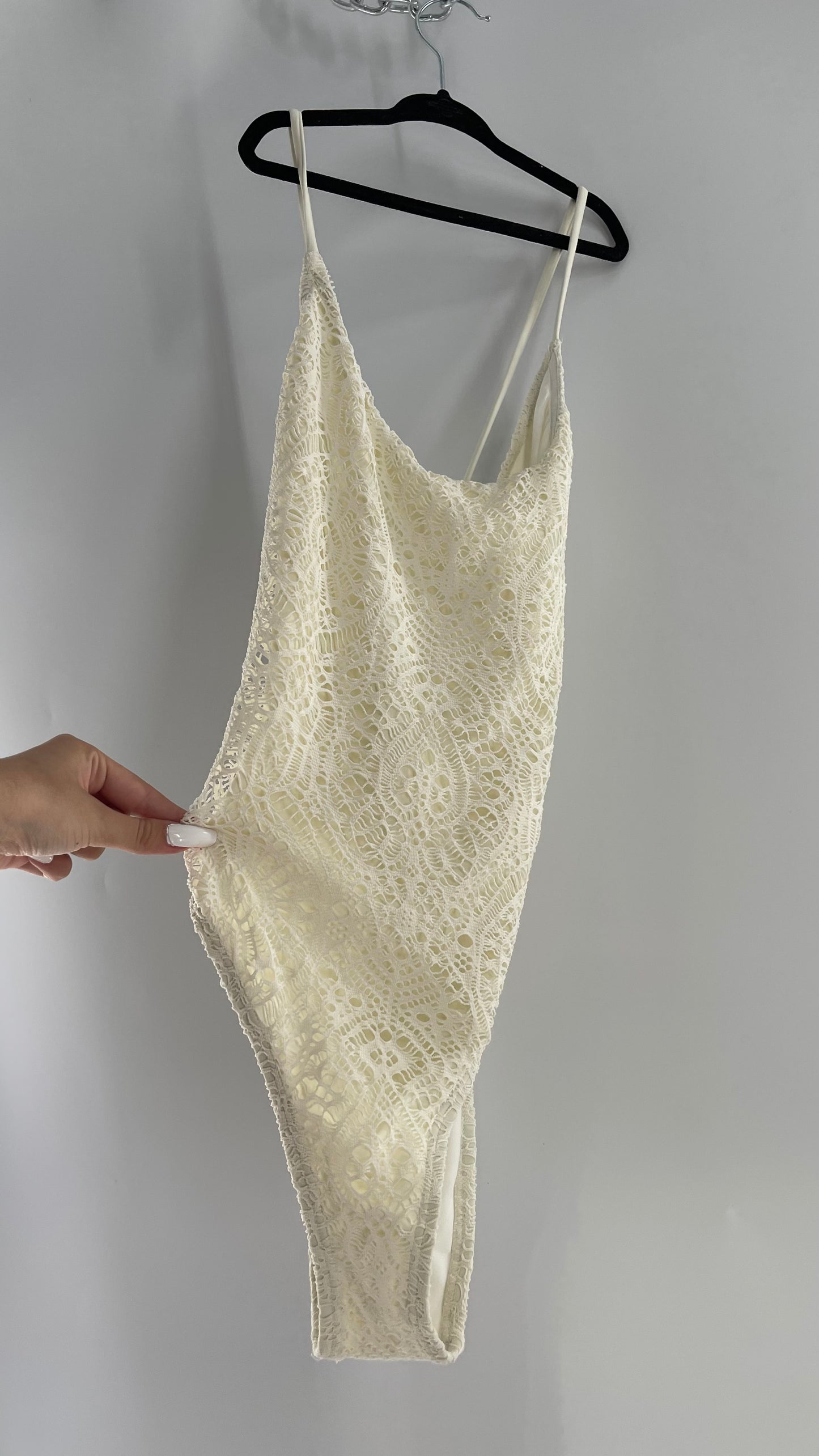 Urban Outfitters White Lace/Crochet Swimsuit with Lace Up Open Back (Medium)