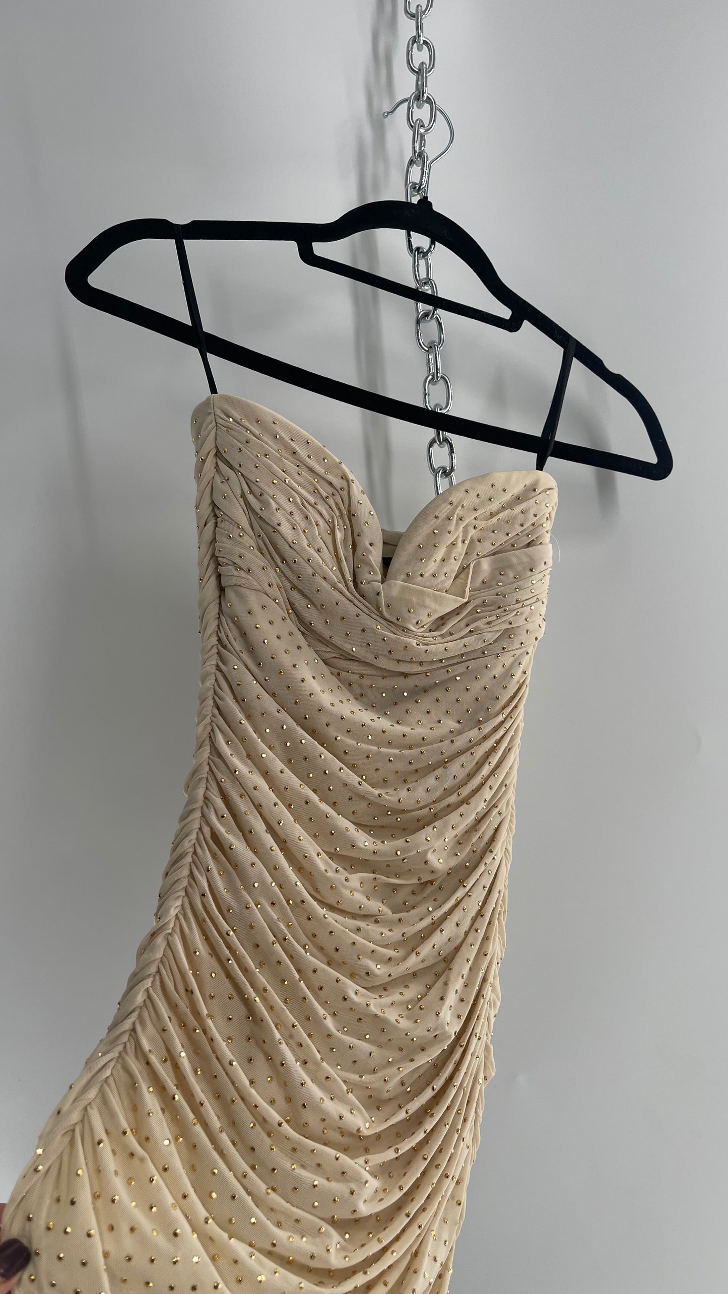 Vintage BEBE Beige Gold Studded, Ruched Mini Dress with Built In Corset (XXS)