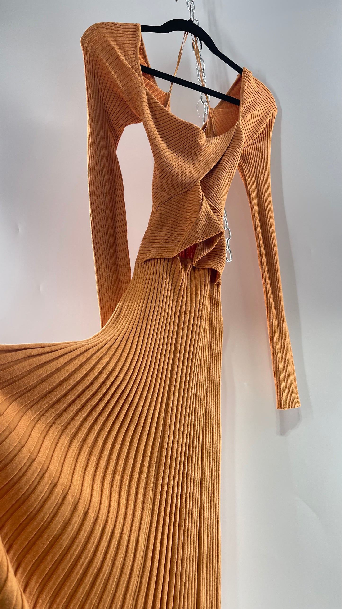 Free People Orange Knit Maxi Dress with Bandage Bust and Exposed Cut Out Midriff (Medium)