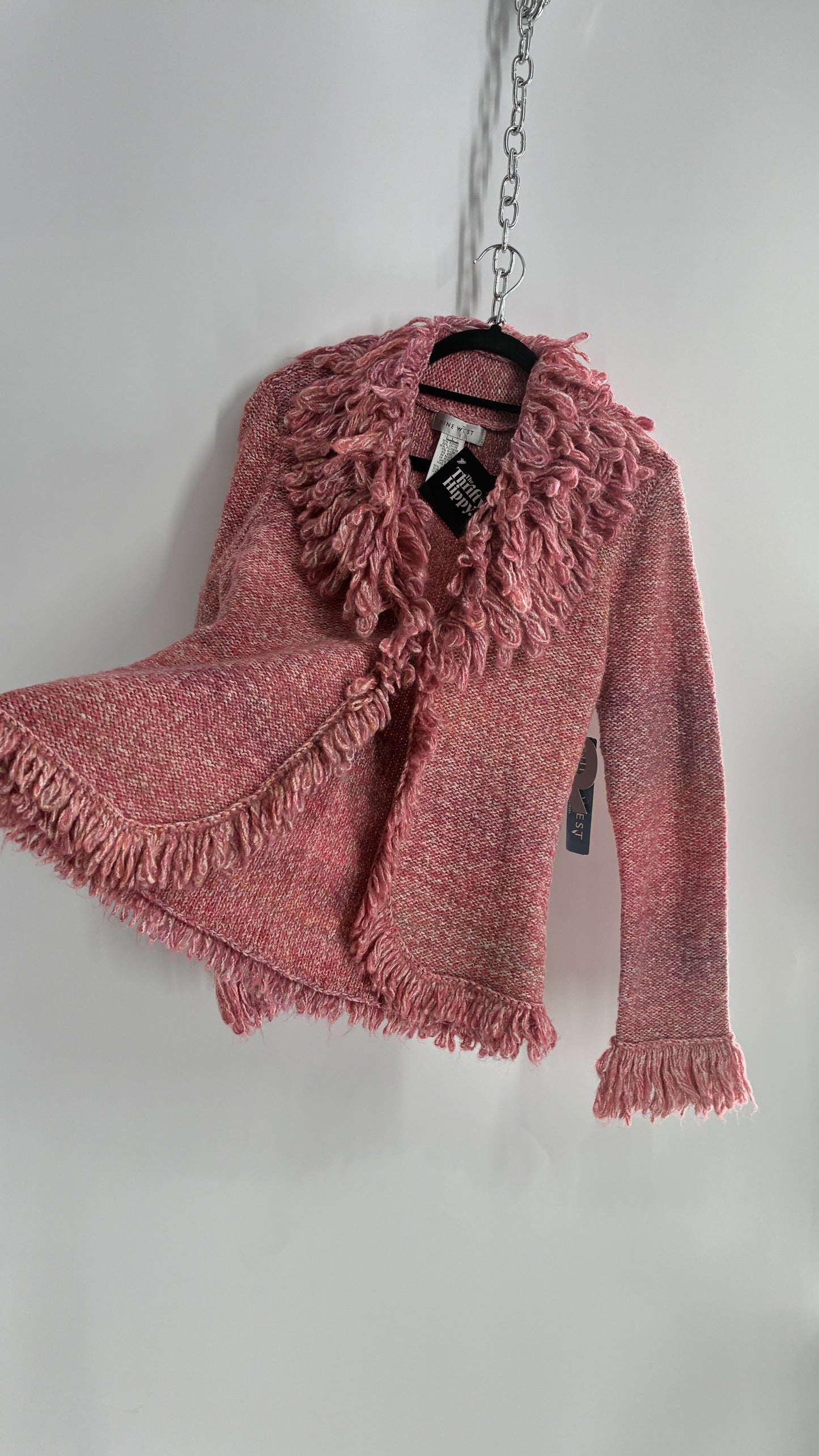 Nine West Pink Knit Cardigan Jacket with Exaggerated Fringe Collar and Cuffs (Large)