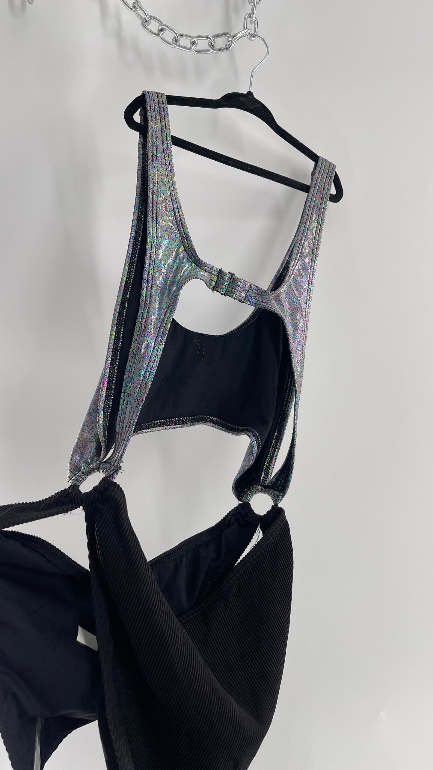 Urban Outfitters Out From Under Bathing Suit Metallic Gas Spill Top and Ribbed Black Bottom Connected by Rings (Large)