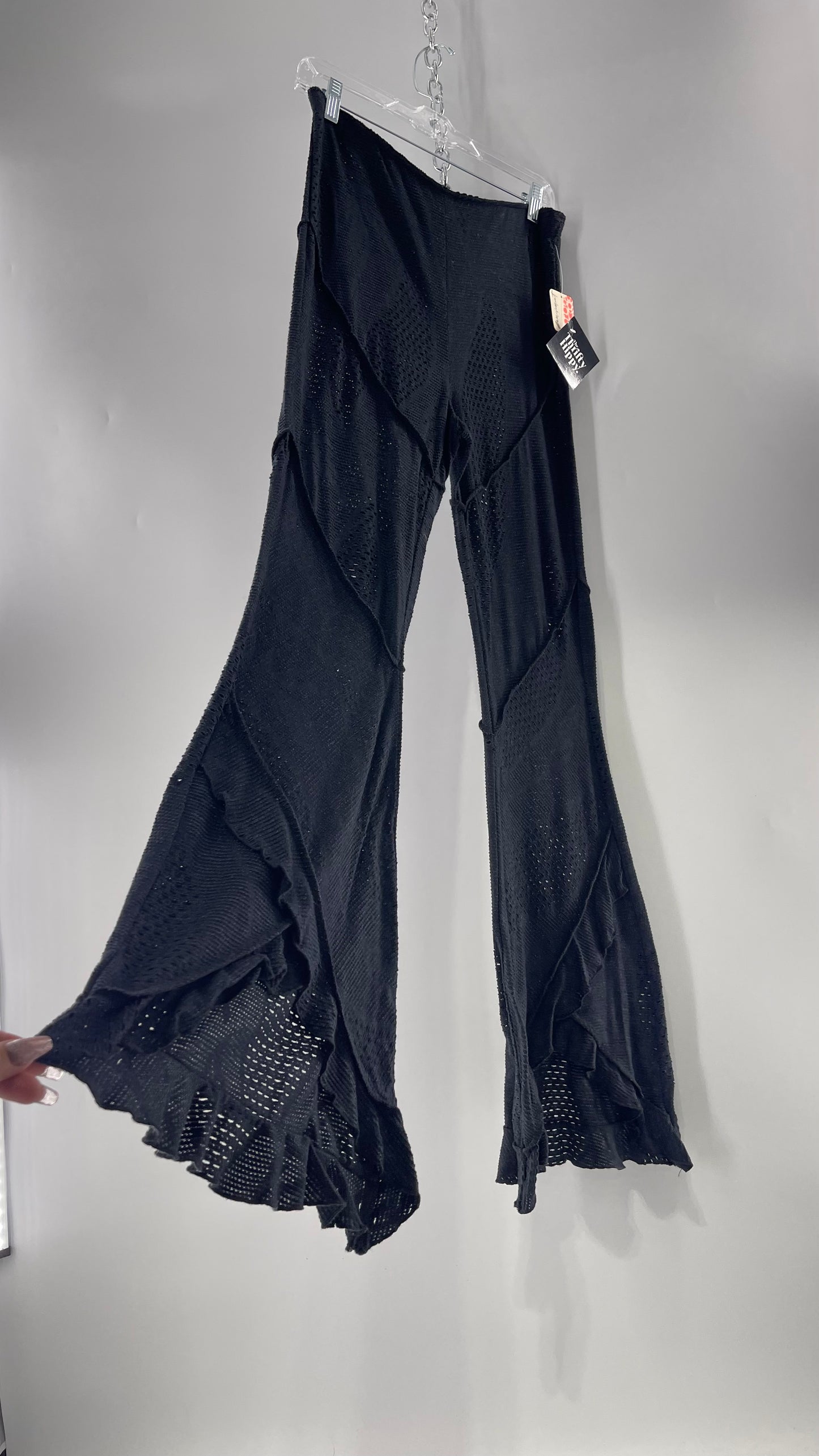 Free People Black Midnight Grey Mixed Pattern Kickflares with High Low Hem, Exposed Seams and Distressing Tags Attached (Medium)