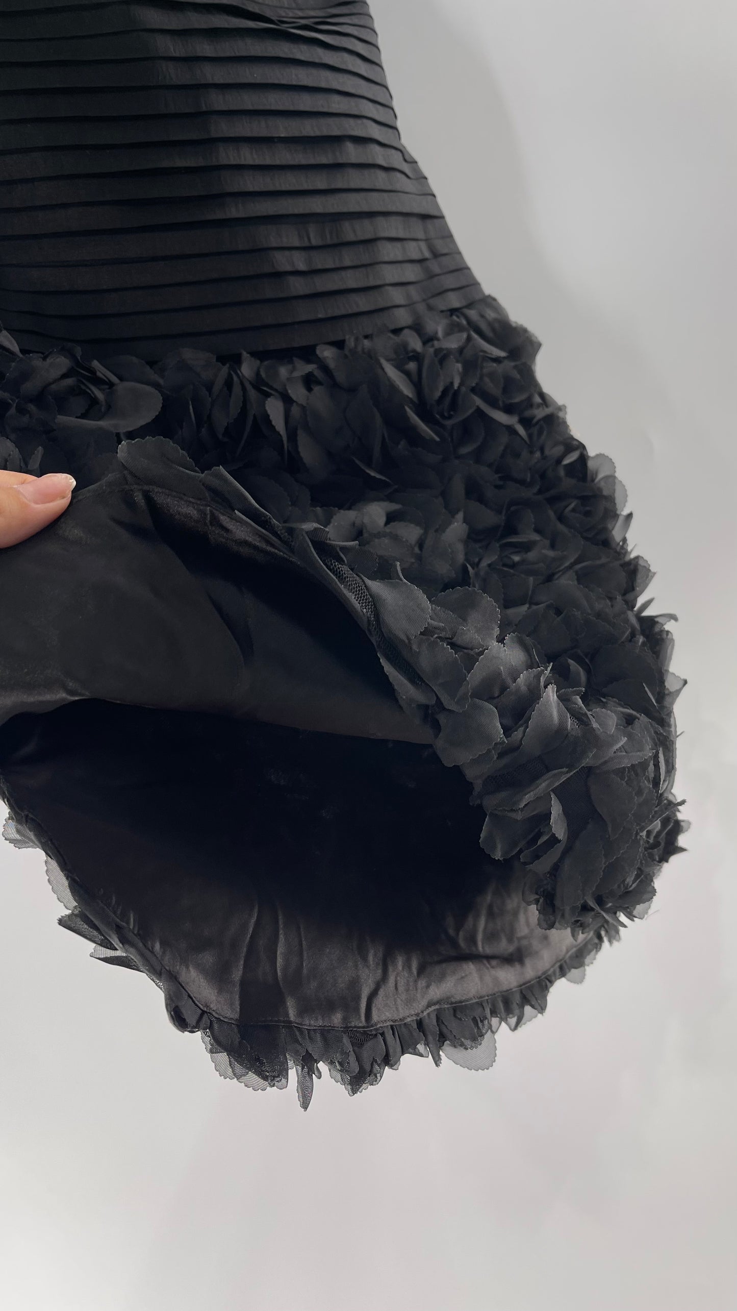 C.O:GWBG Black Dress with Pleated Bodice, Floral Ruffled Skirt and Bedazzled Bustline (S/M)