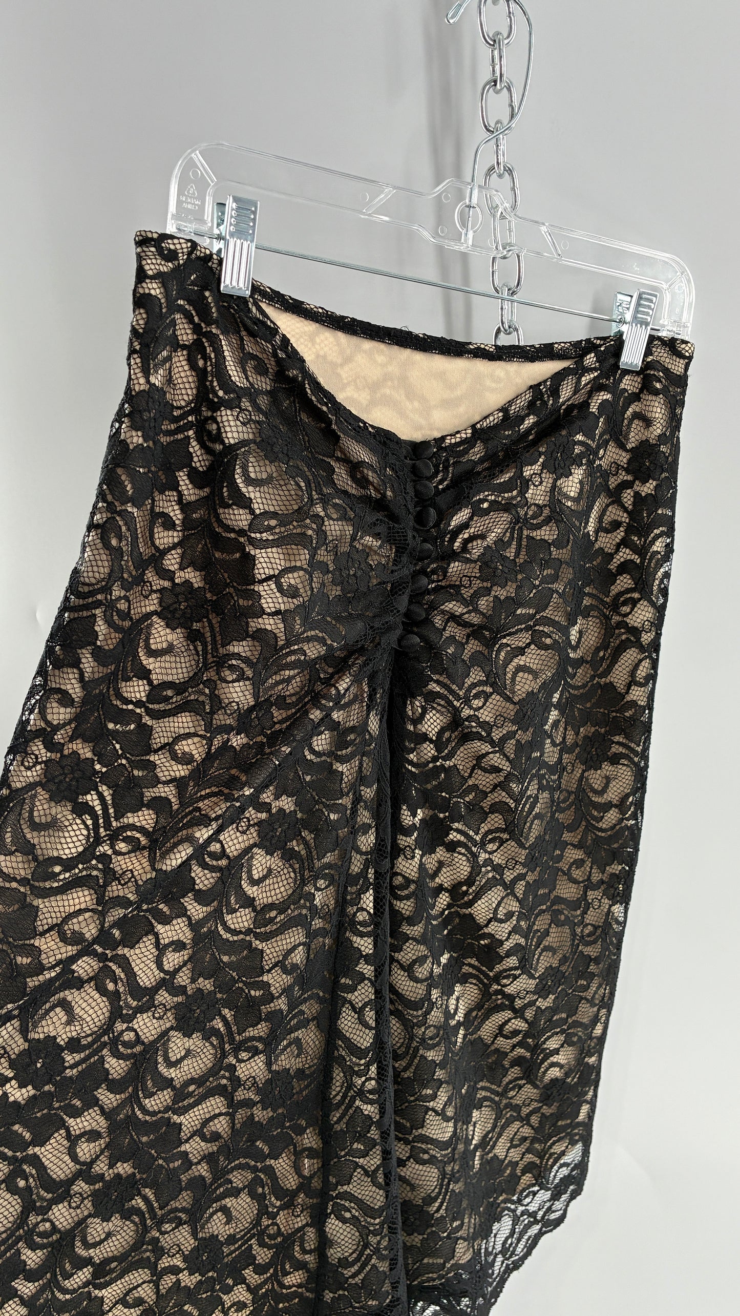 Vintage HEART MOON STARS Black Lace Overlay + Nude Underlay Skirt with Low Wired Back, Ruched Bum, and Button Down Back(8)