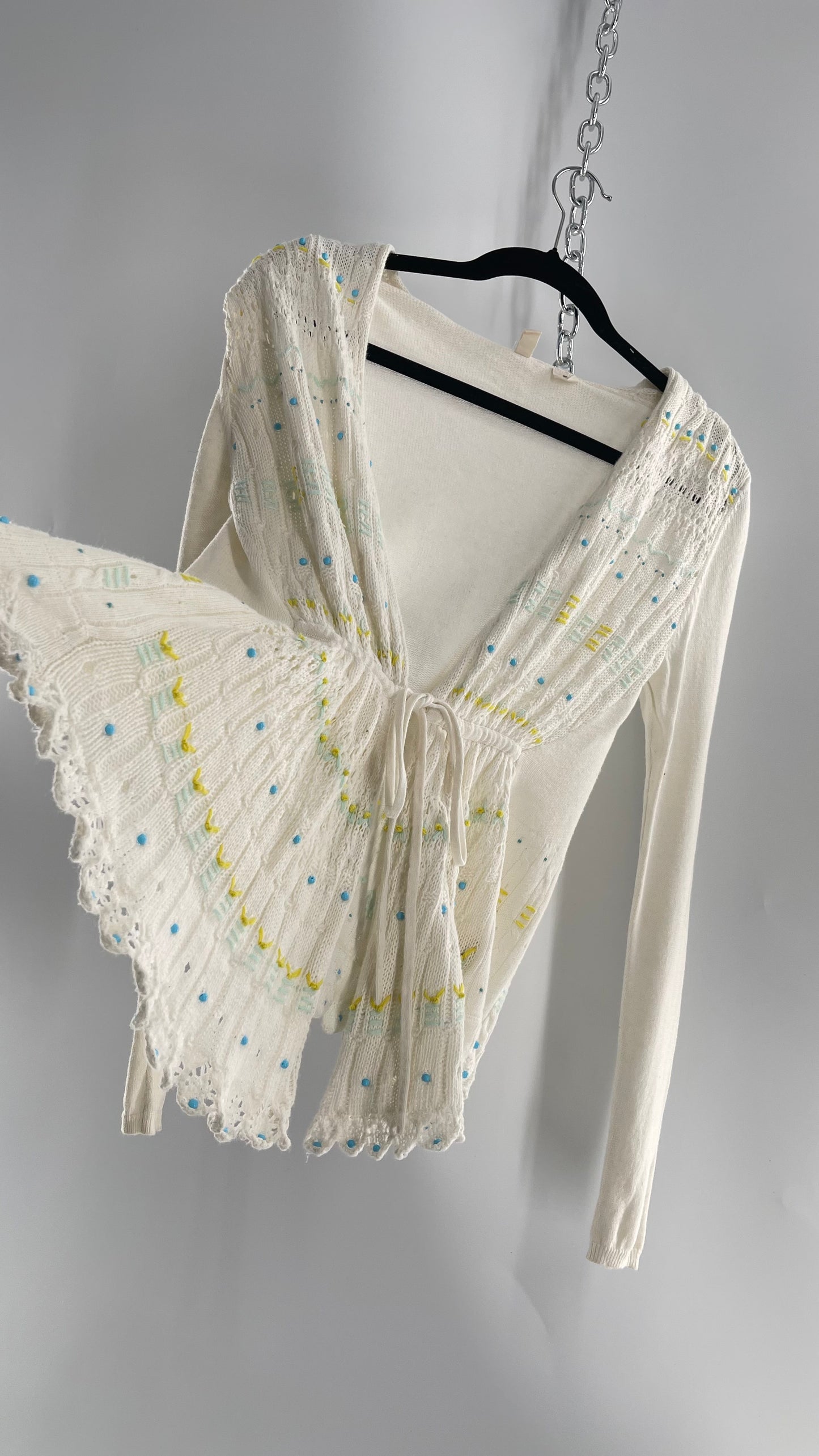 MOTH Anthropologie Beige Knit Tie Bust Sweater with Embroidered Daisies and Delicate Beading (Small)