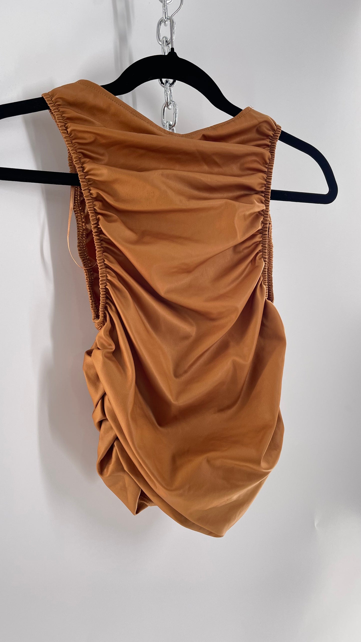 Free People Faux Leather Cognac Ruched High Neck Tank with Bust Cut Out (S)