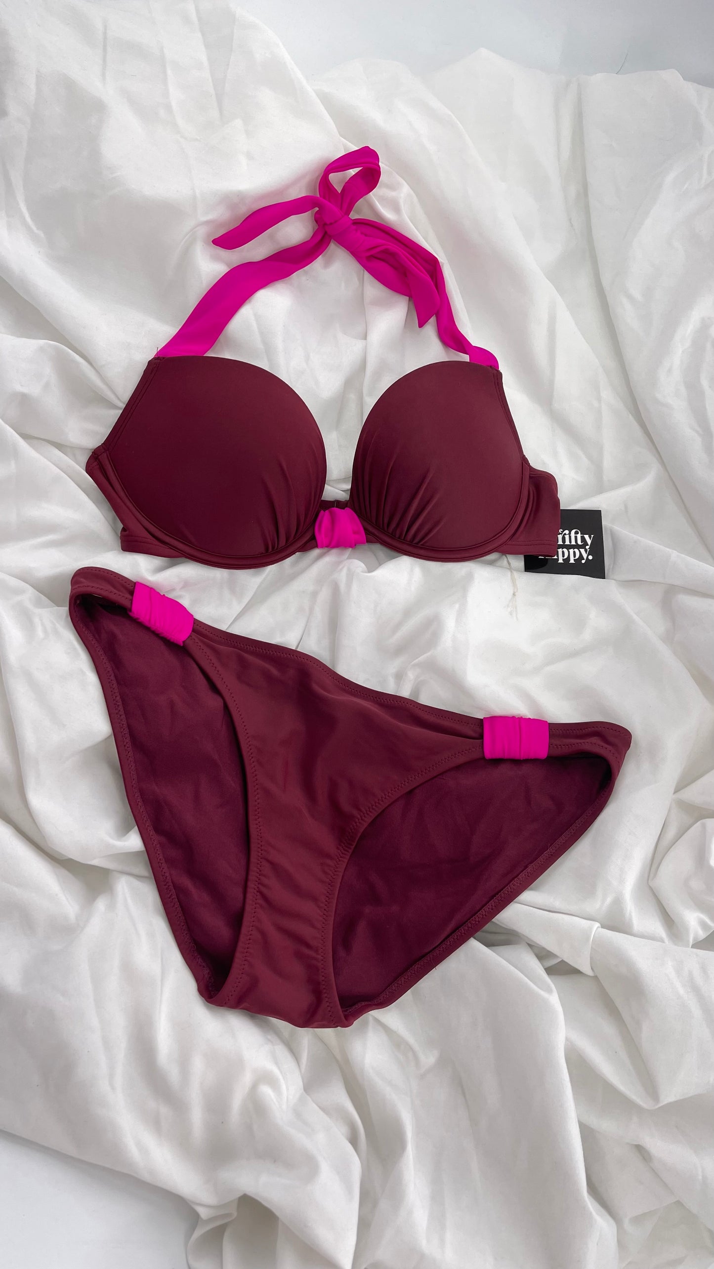 AERIE Burgundy Padded Underwire Swim Top Set with Fuchsia Details (36C/L Bottoms)