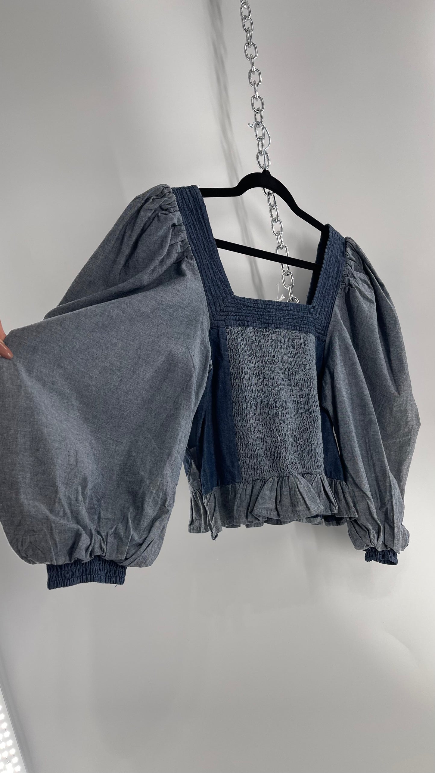 Love the Label ANTHROPOLOGIE Chambray, Chevron, Denim Smocked Blouse with Dramatic Sleeves and Tags Attached (Small)