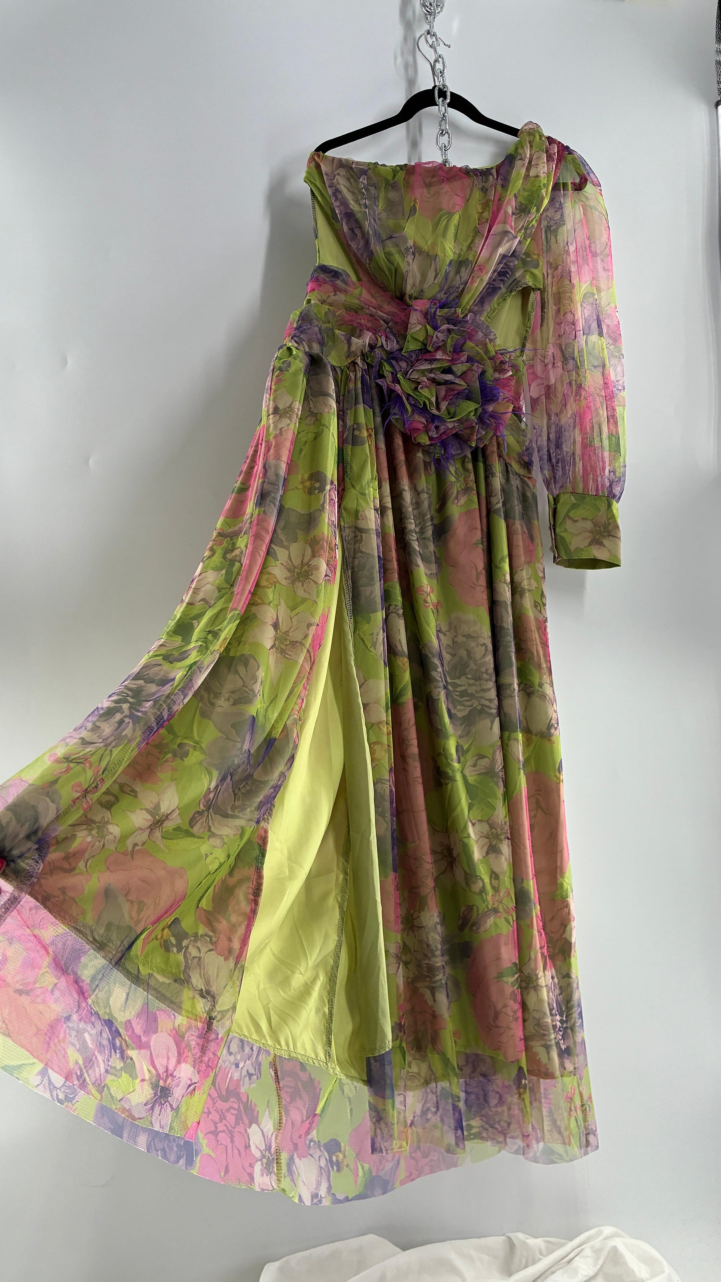 Vintage Open Waist Gown with Oversized Feathered Appliqué Rosette (Large)
