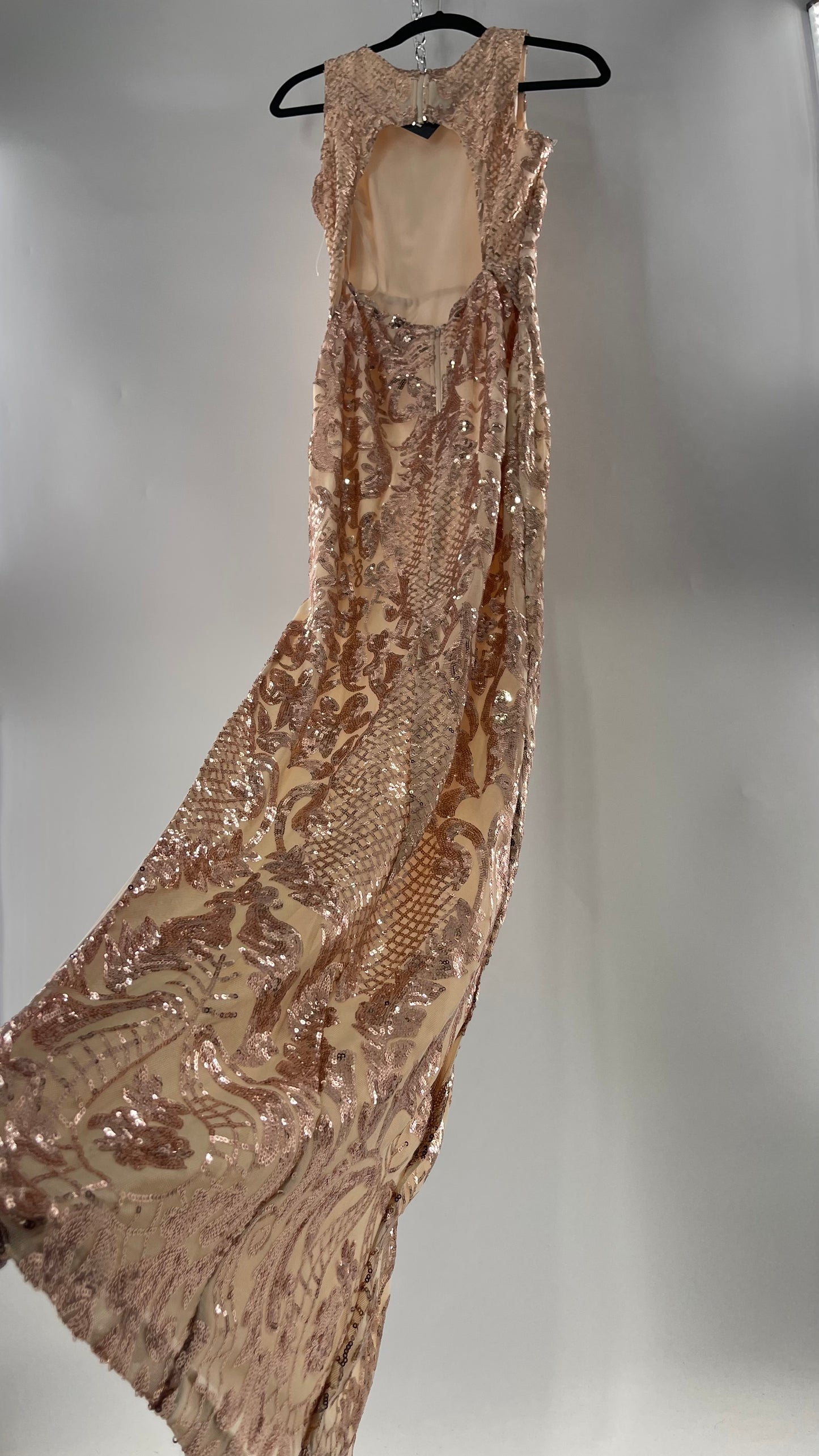 Windsor Rose Gold Sequin Maxi Dress with Side Slit Detail and Open Back (Small)