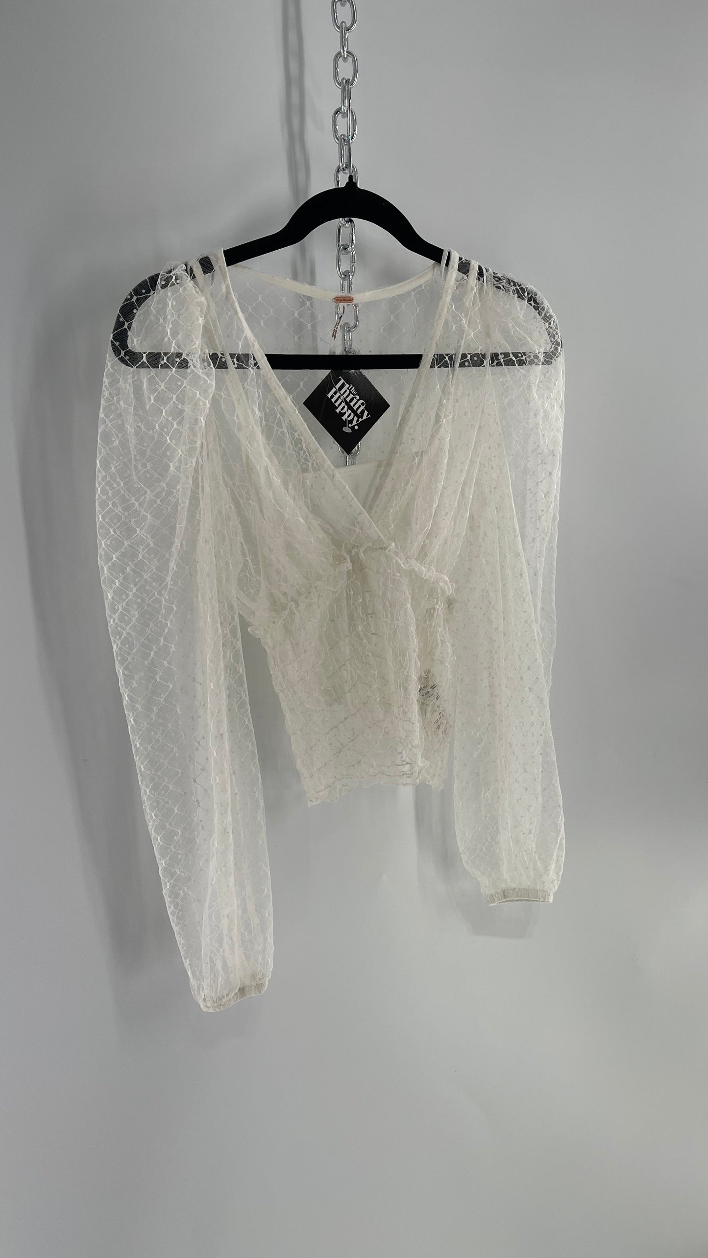 Free People White Embroidered Mesh Blouse with Keyhole Back and Balloon Sleeves (XS)