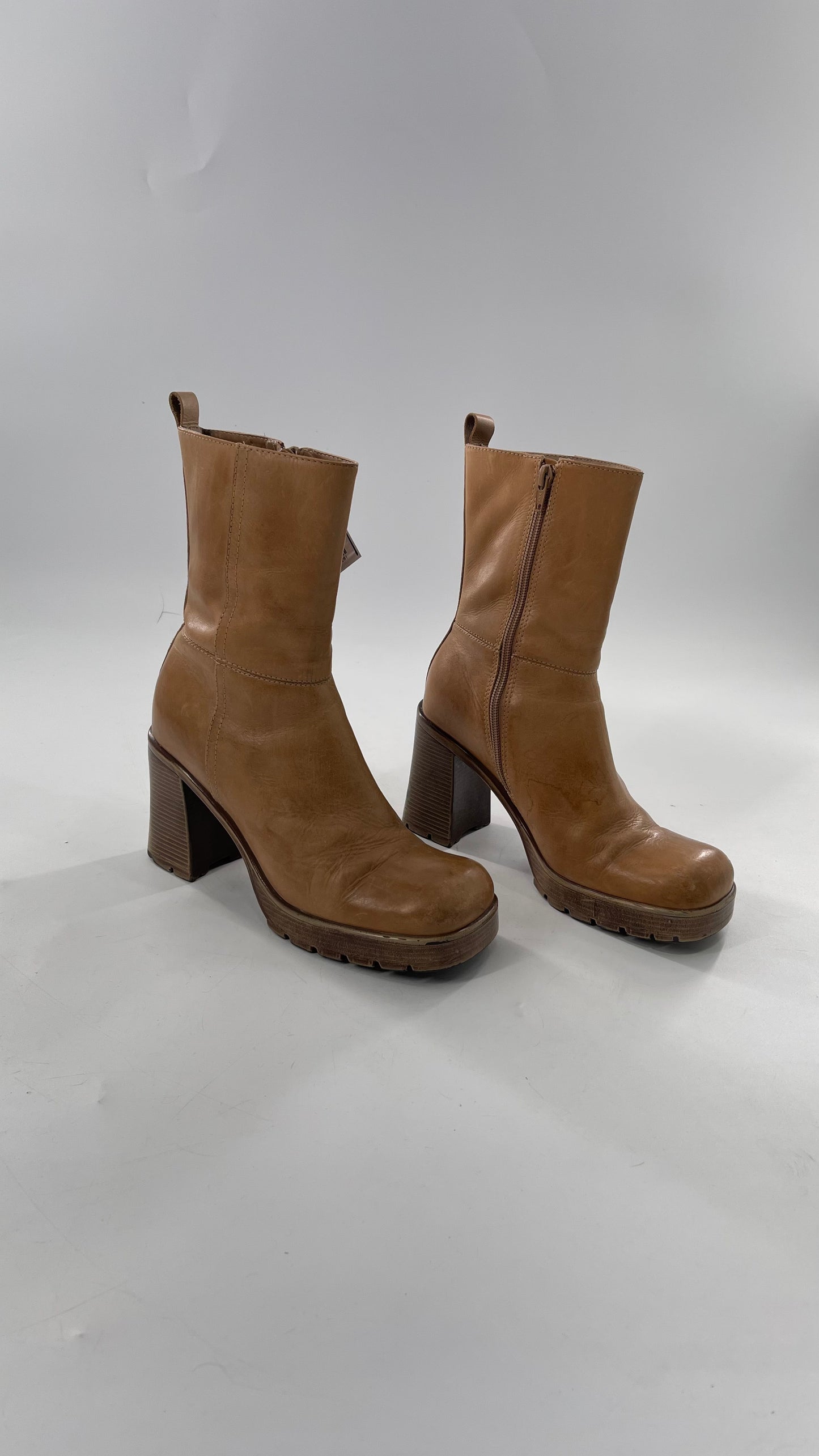 Vintage 90s Steve Madden Tan Leather Funky Square Toe Boot with Platform and Chunky Heel