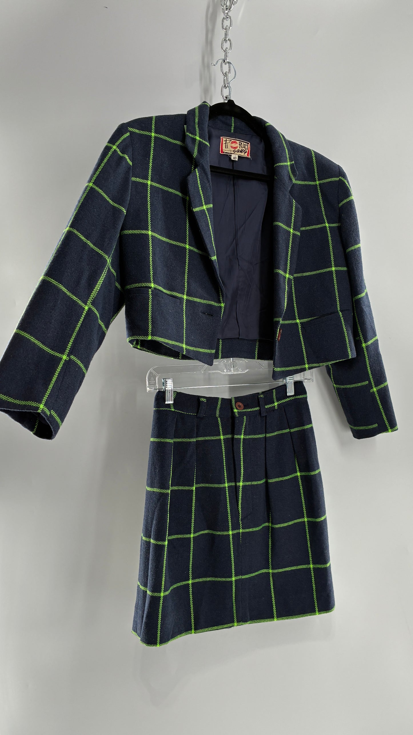 Vintage FIORUCCI GANG Navy and Neon Green Plaid Suit Set with Cropped Blazer and Mini Skirt (40,42)