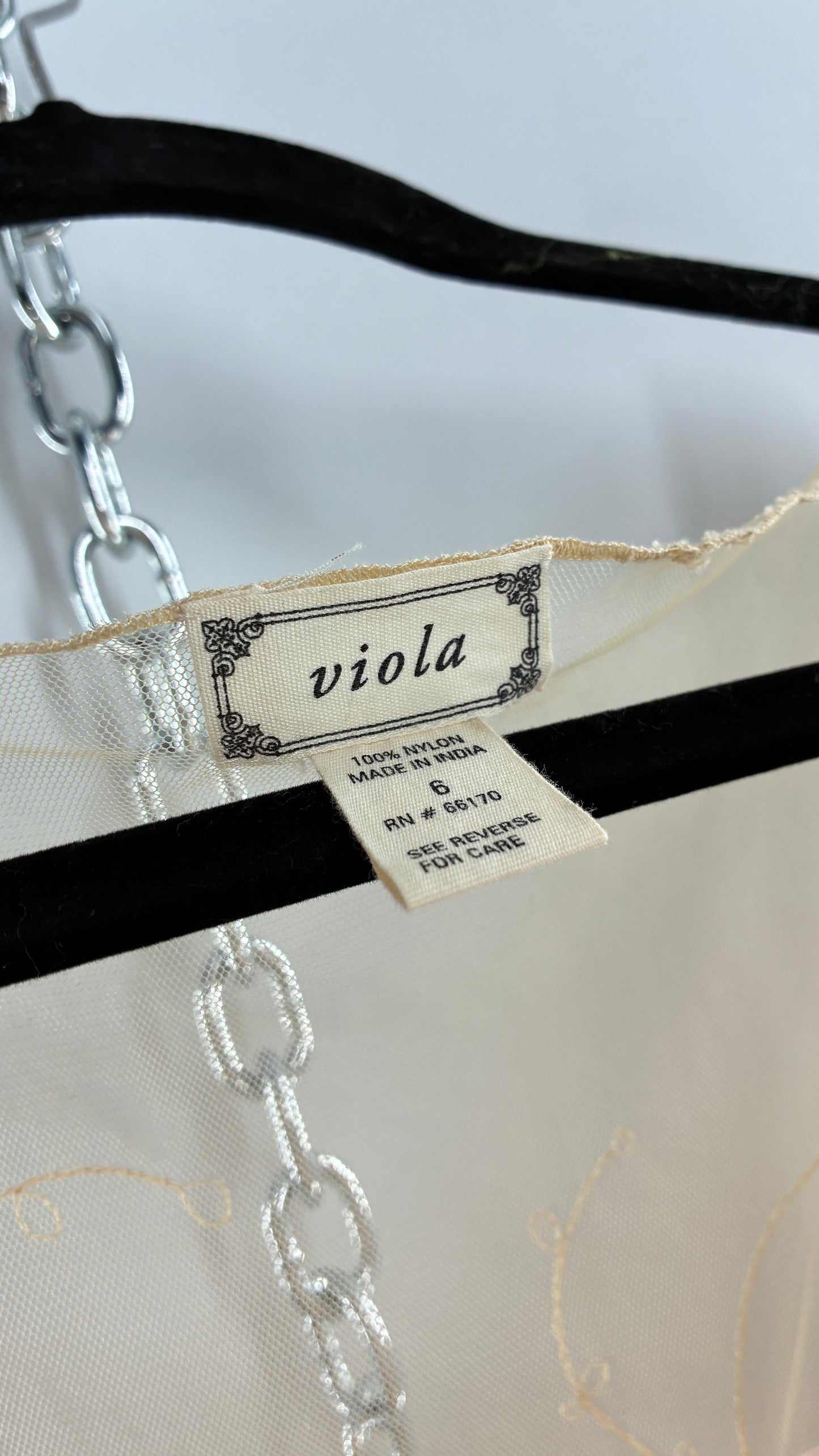 Vintage VIOLA Beige Sheer Mesh Blouse with Embroidered Details and Underbust Rosette (6)