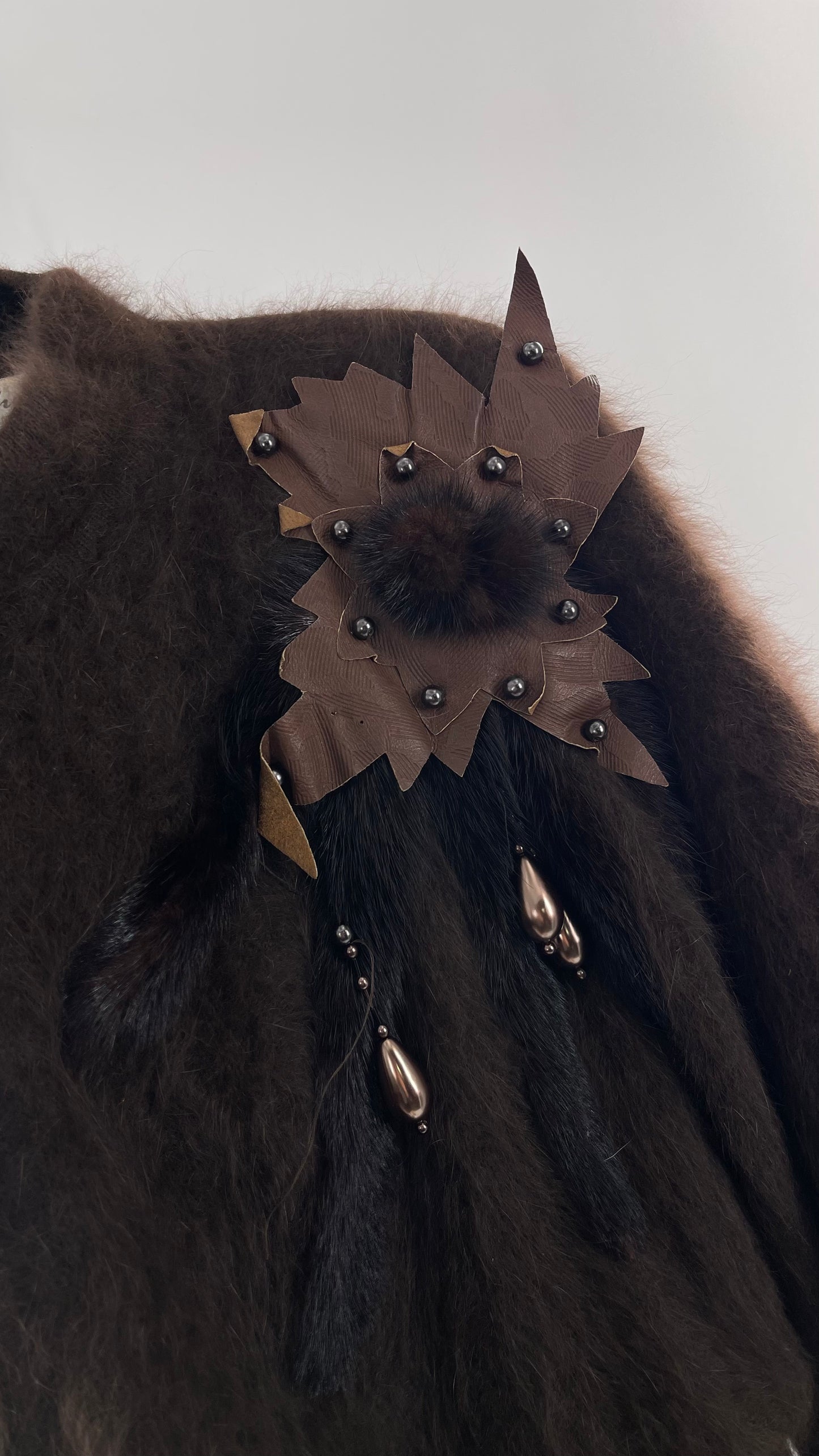 Liho Korean Vintage Brown Cardigan with Leather, Fur and Beaded Detailing 15% Wool 75% Angora  (C)(Medium)