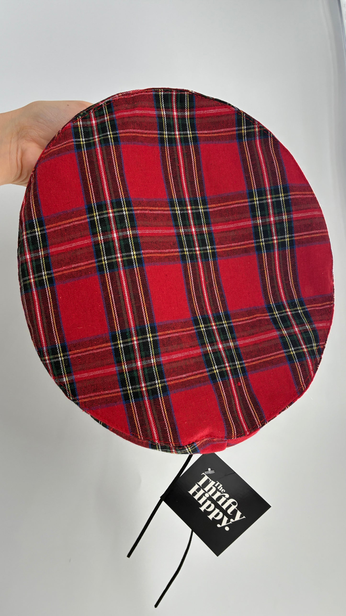 Red Plaid Beret with Vegan Leather Strap with Silver Metal Hardware