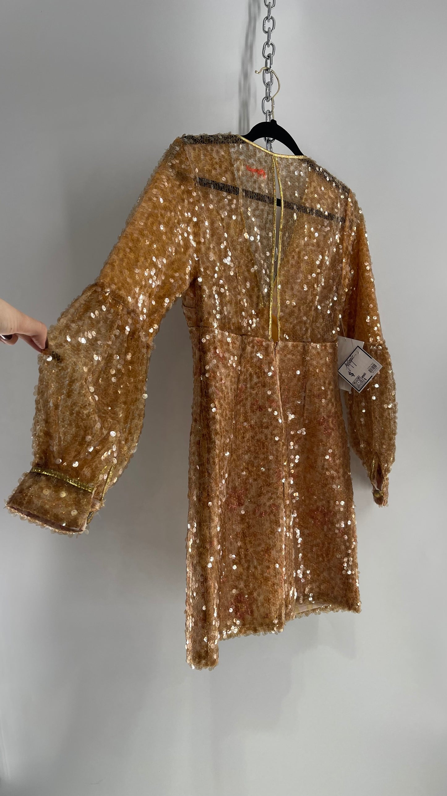 Free People Tapestry Underlay and Gold Sequin Overlay A-Line Mini Dress with Bubble Sleeves
(0)