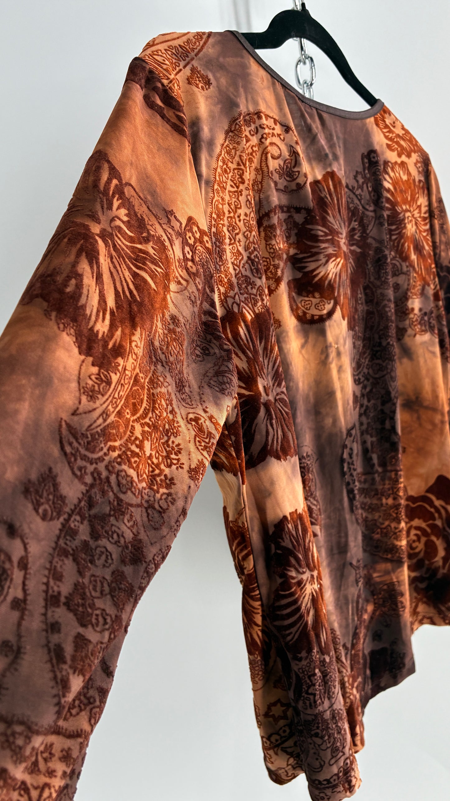 1990s Vintage SAMI + JO Velvet Burnout Brown and Orange Top (XL)
