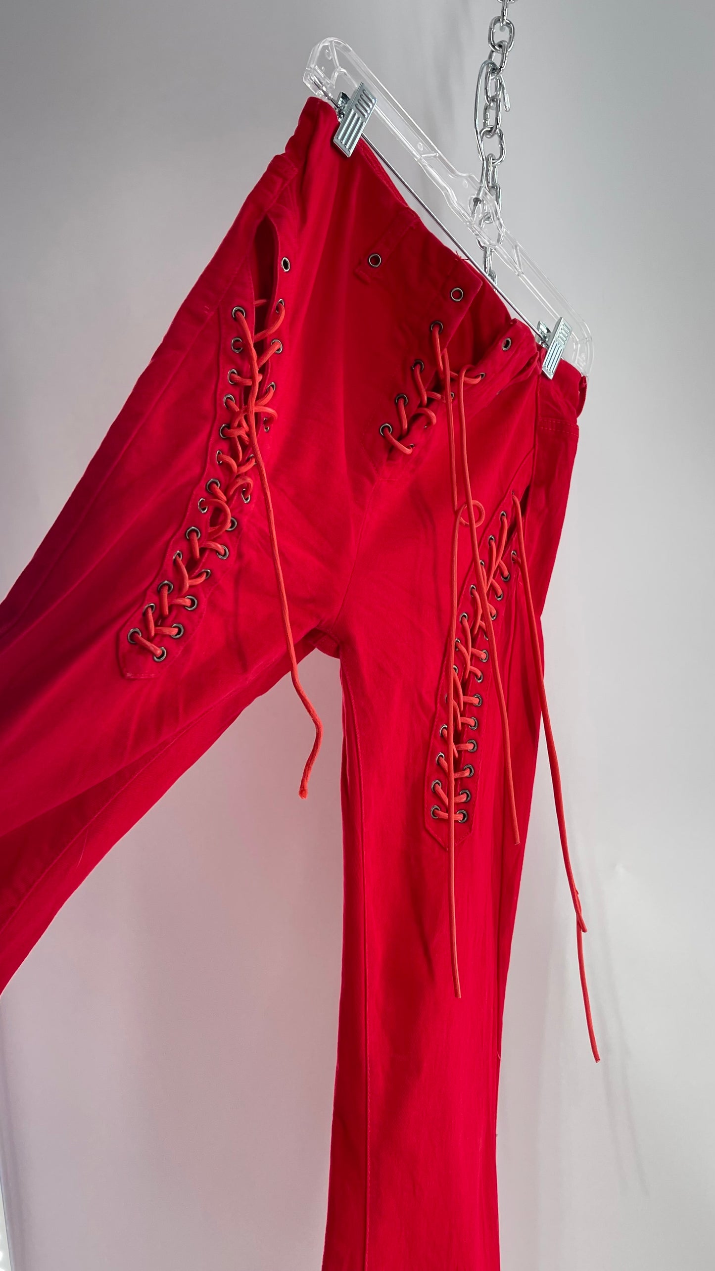 Edikted Rockstar Red Kick Flare Bell Bottoms with Lace Up Thigh and Waistline Detail (Large)