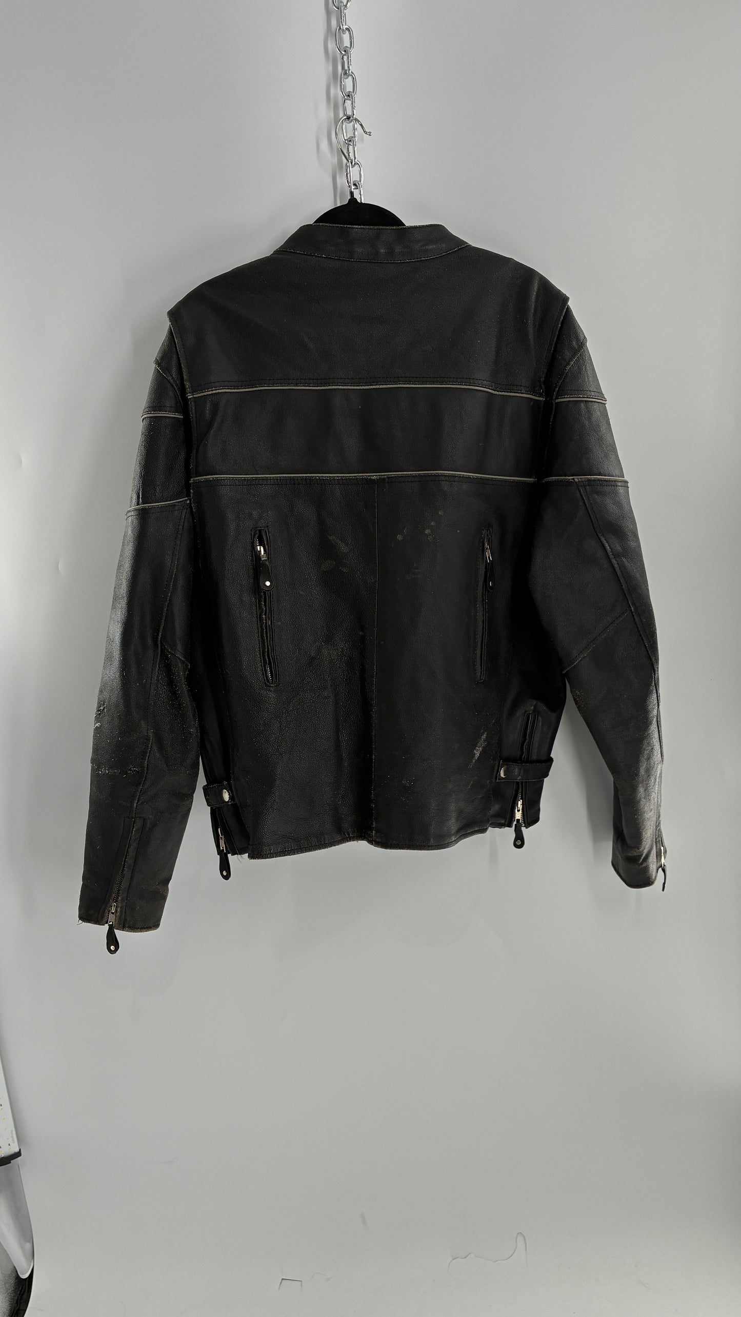 Vintage Distressed Genuine Leather Motorcycle Jacket with Zippered Pockets, Cuffs, and Sides (Large)