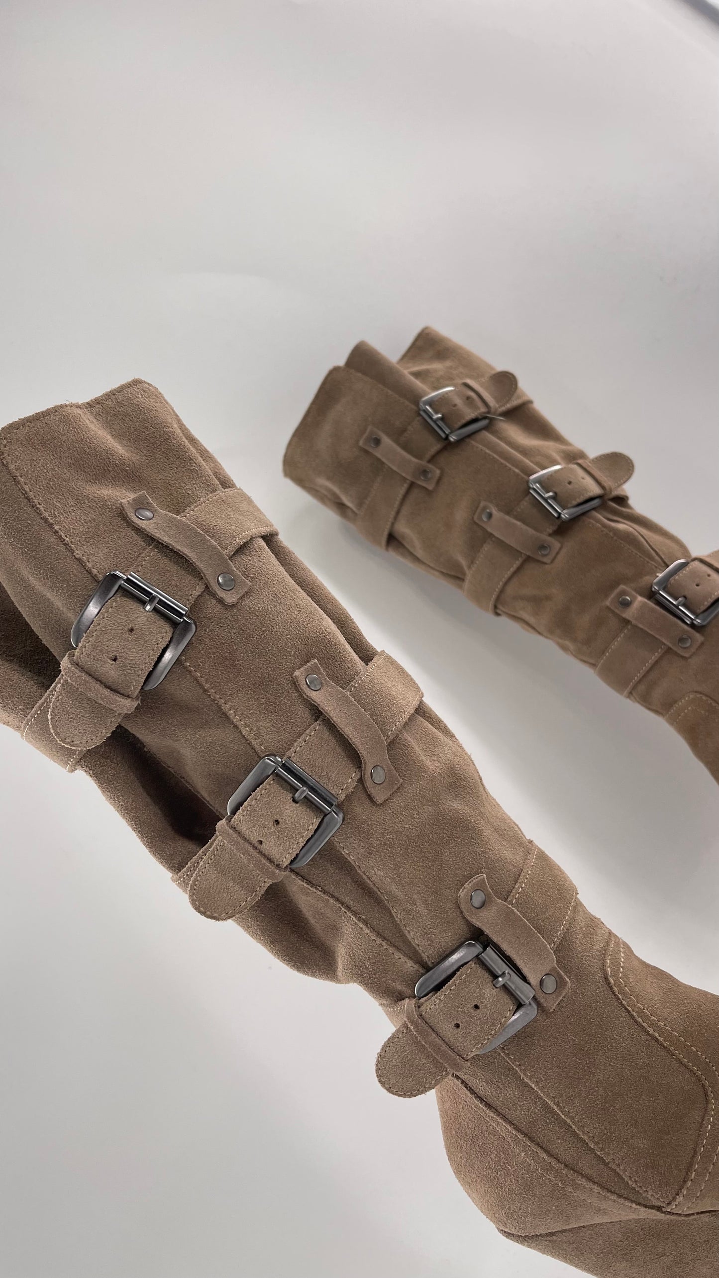 Vintage Bakers Genuine Suede Leather Gray/Tan Wedge Platform Knee High Boots with Gun Metal Buckles (6)
