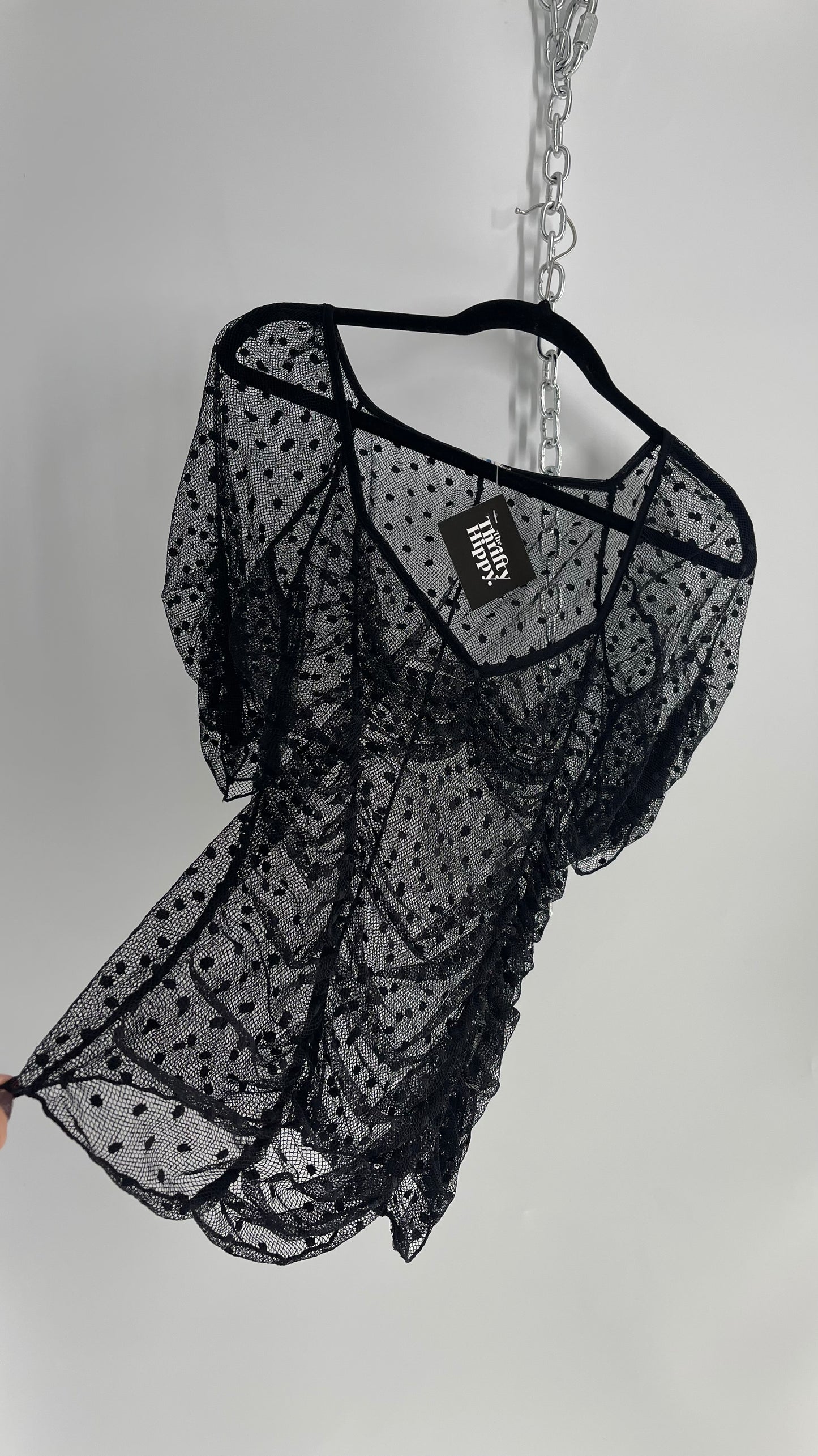 Intimately Free People Black Mesh Polka Dotted Puff Sleeve Blouse (Small)