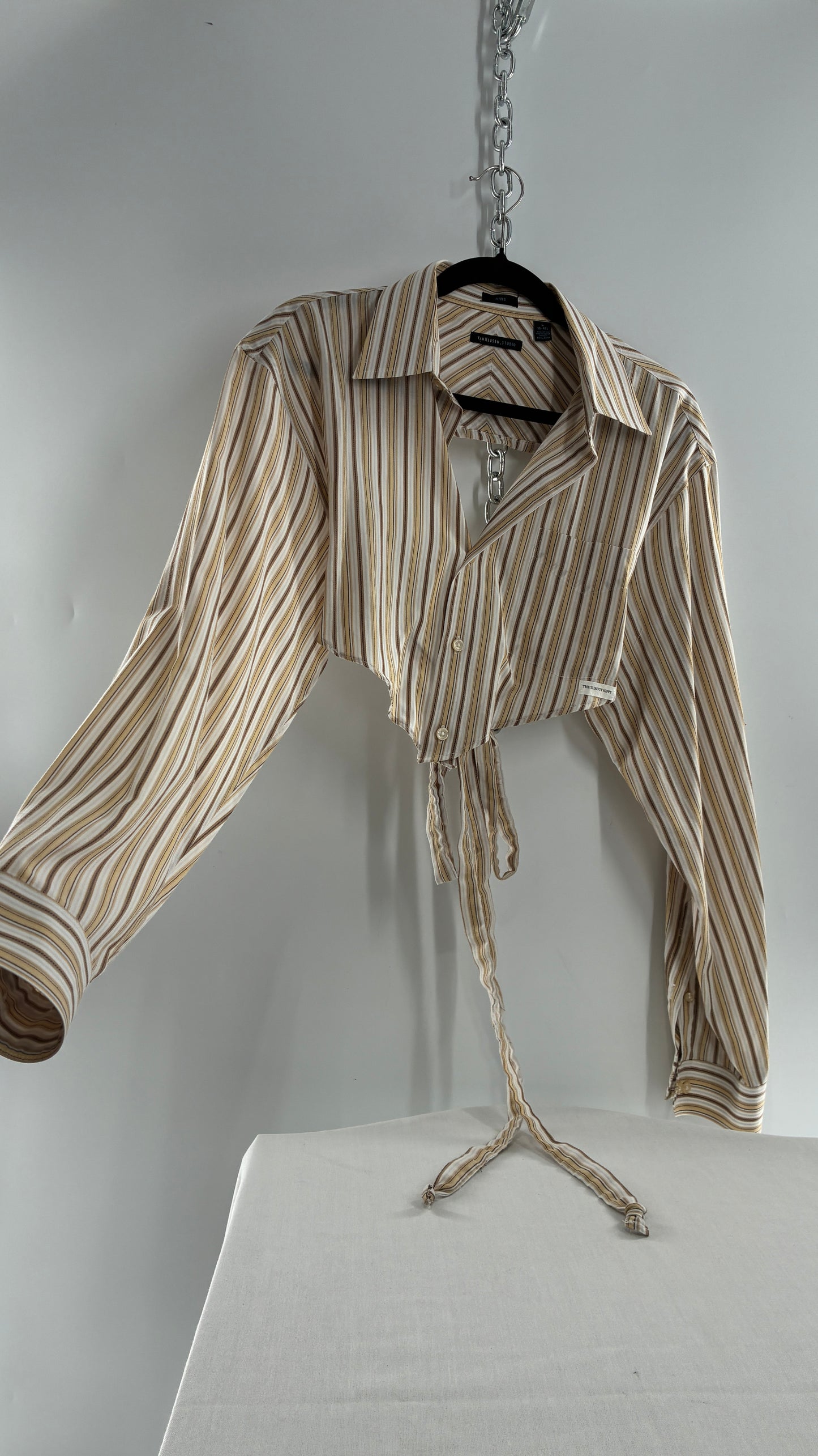 Vintage VAN HEUSEN Reworked Button Front Backless Mustard Yellow, Brown Striped Blouse (One Size)