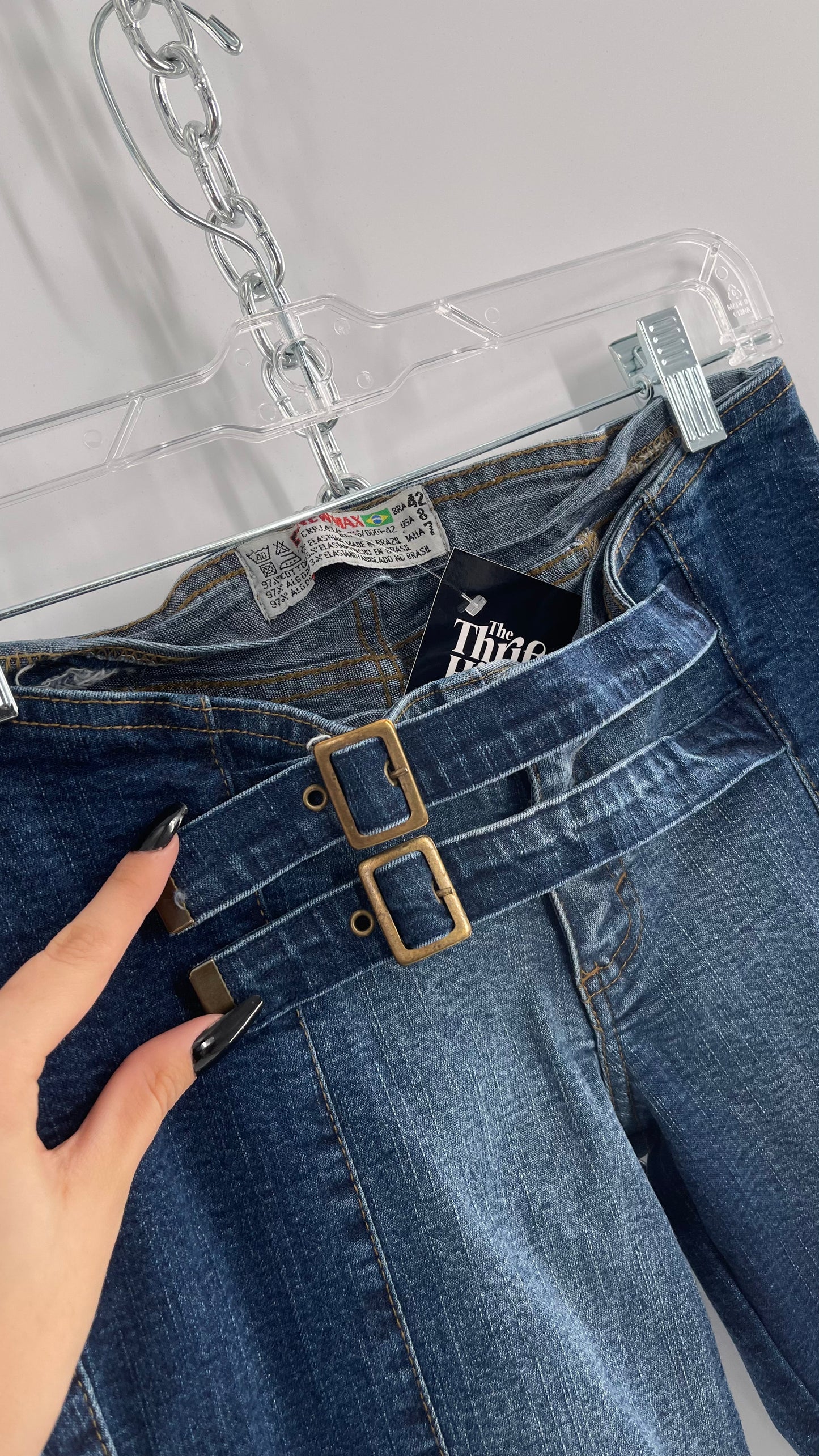 Vintage NewMax Two Toned Paneled Brazilian Jeans with Buckle Jean Strap Closure and Flared Hem (8)
