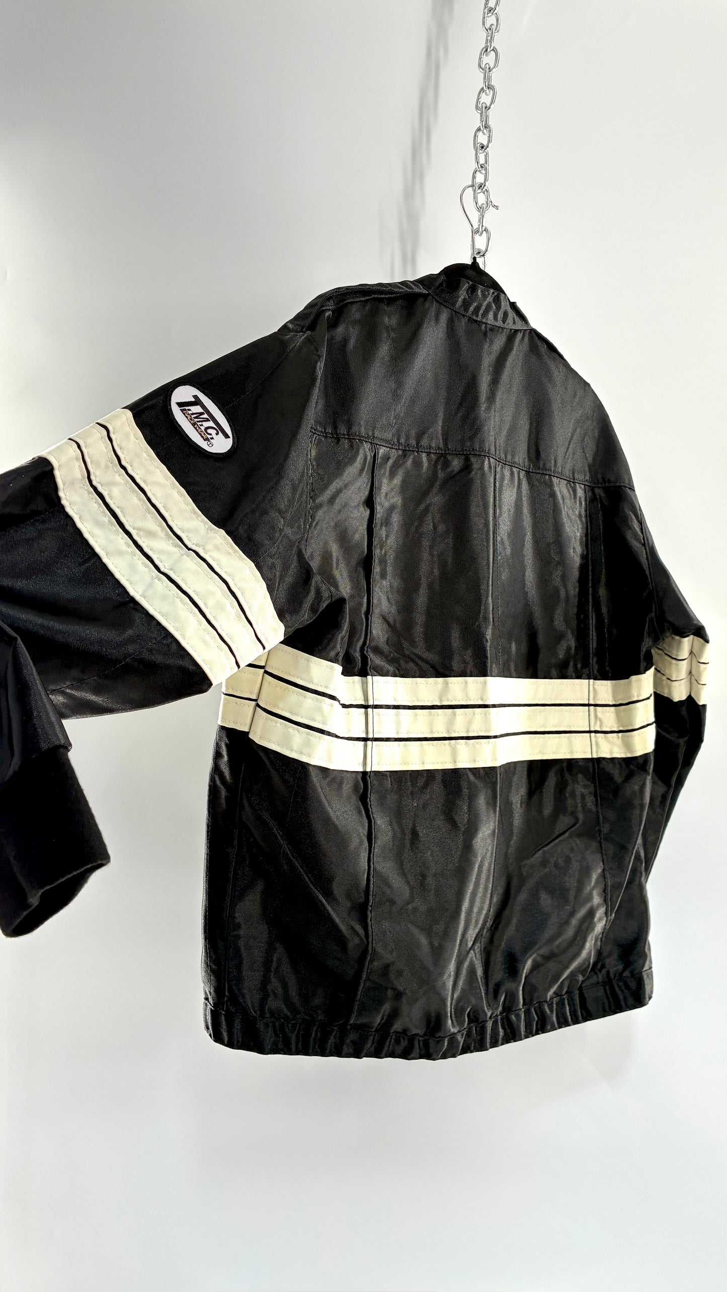 Vintage TMC RACING Black Jacket with White Striped Detailing (Large)