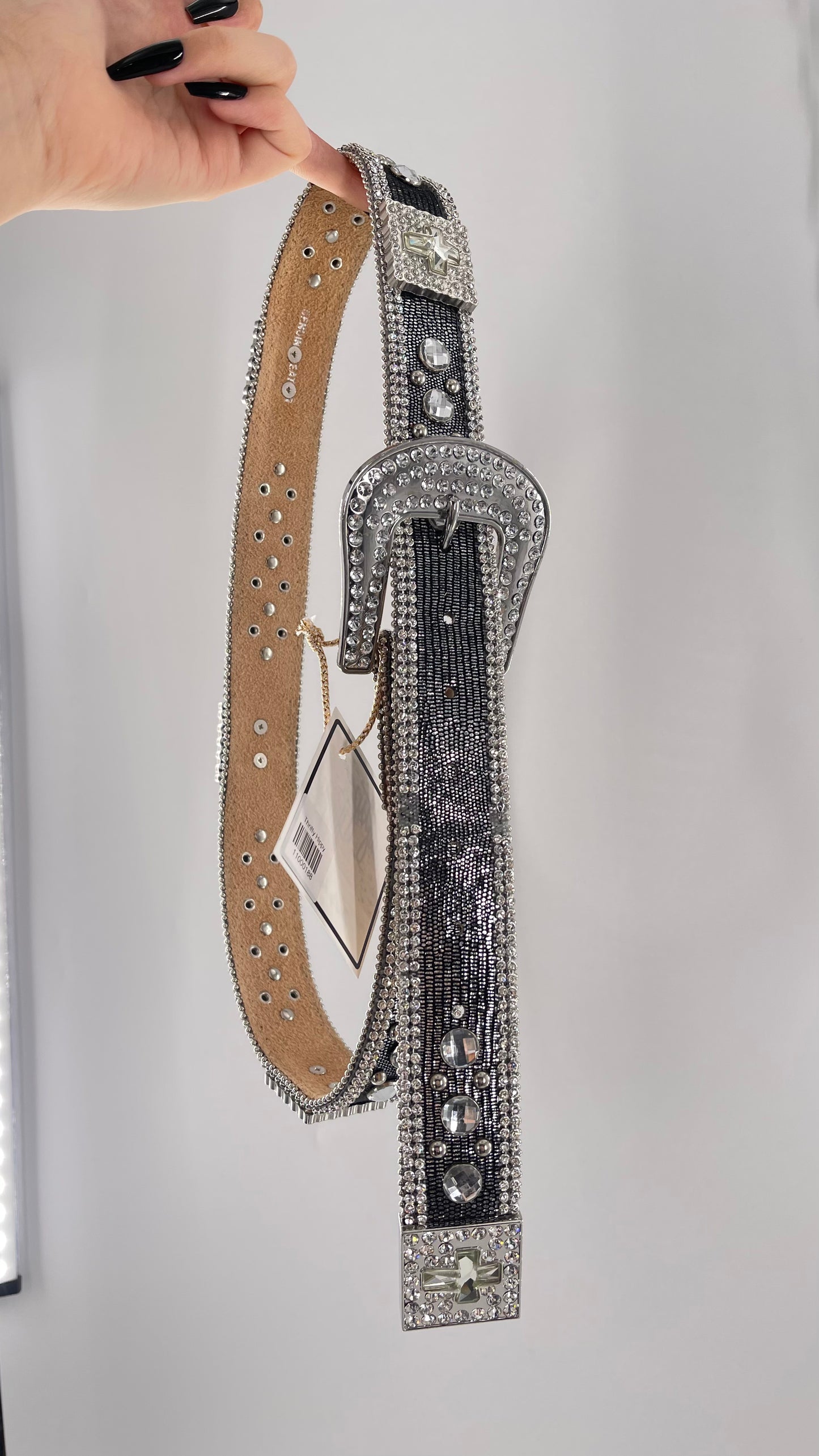 Free People Dark Silver Metallic Snake Print Belt covered in Crystal Embellishments and Heavy Metal Crosses (M)