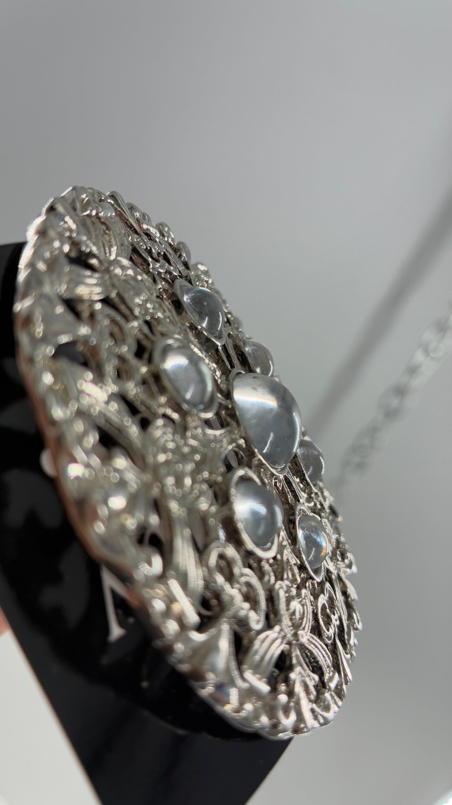 Vintage Oversized Heavy Metal Silver Brooch Pin with Transparent Gemstones
