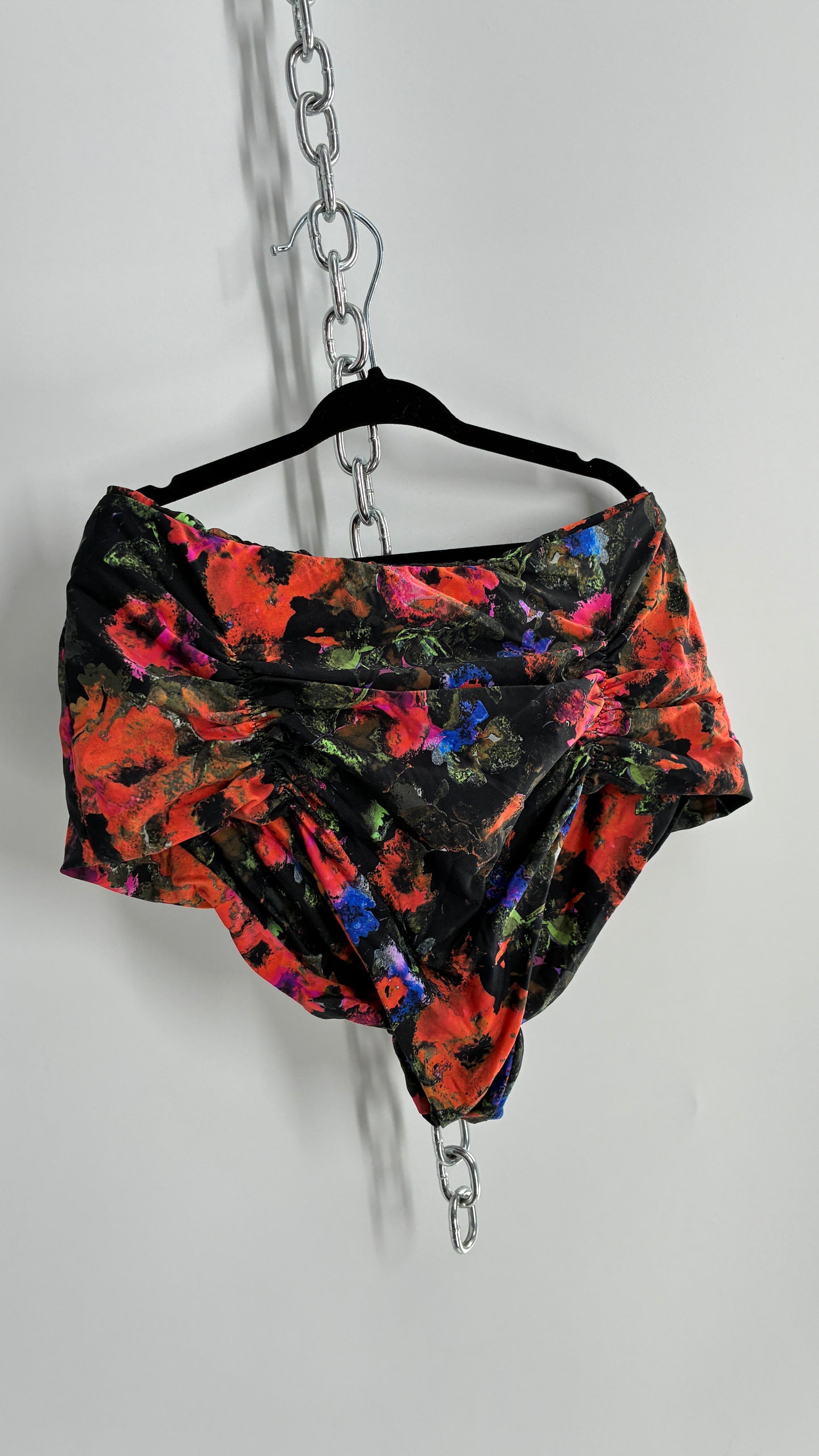 Boys + ARROWS High Contrast Floral High Waisted, Ruched Tanga Swim Bottoms (M)