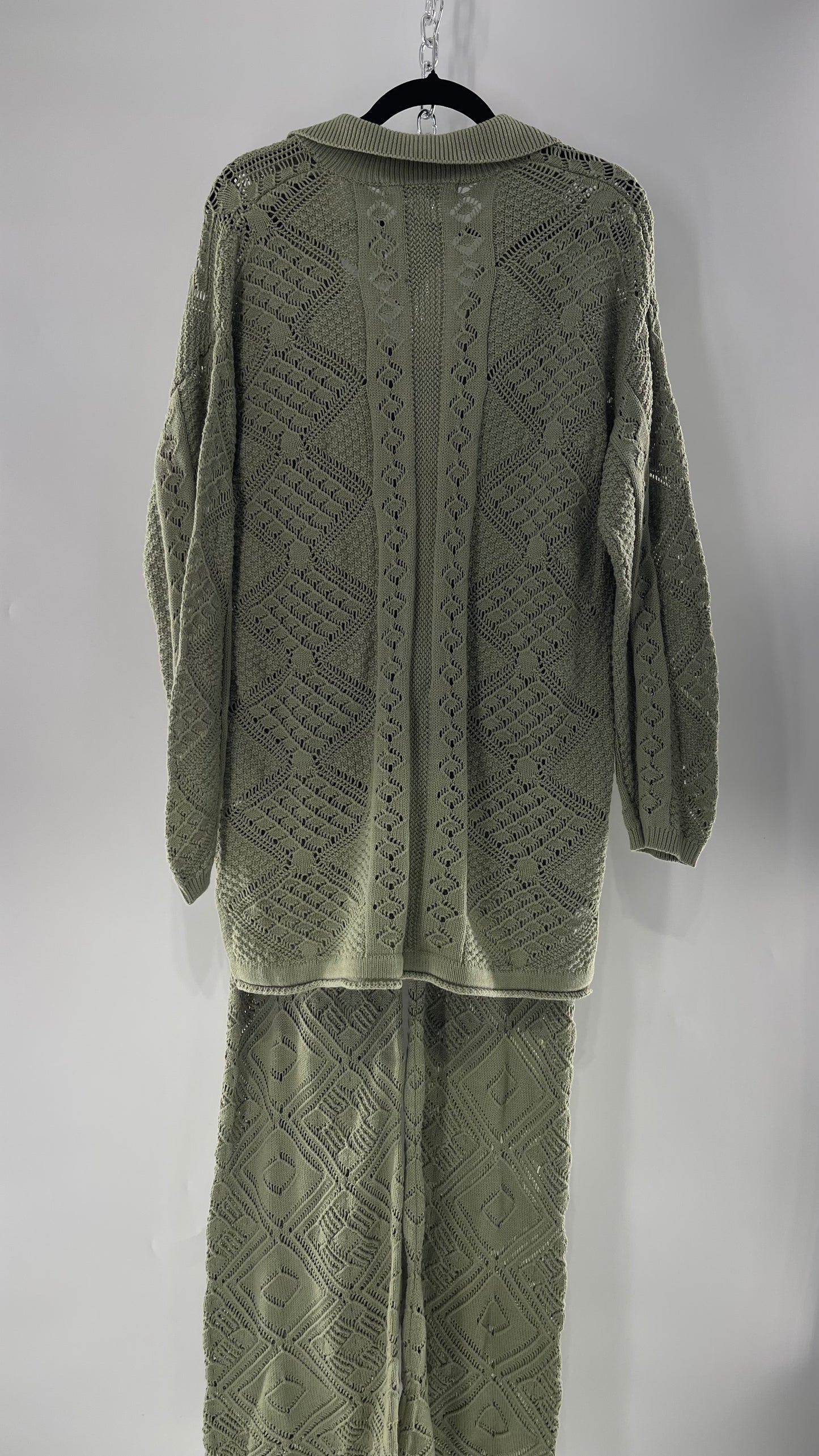 Free People Beach Sage Green Crochet Wooden Button Front Cardigan and Wide Leg Set (Medium)
