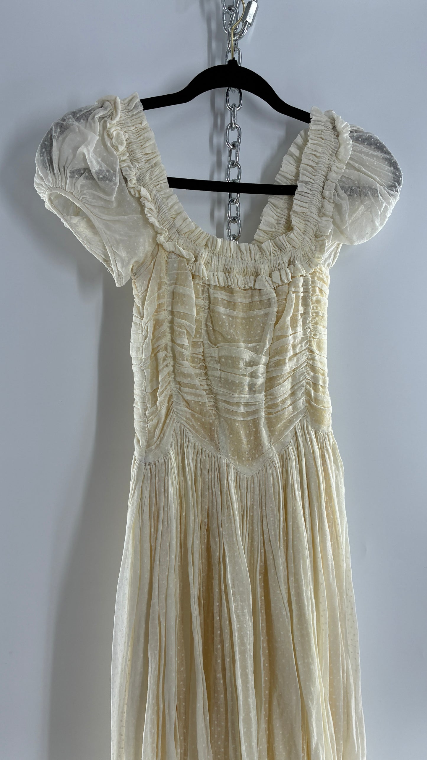 Vintage 1970s Off White Cotton Handmade Maxi Dress with Ruched Bodice, Puff Sleeves, and Polka Dot Texture (XS/S)
