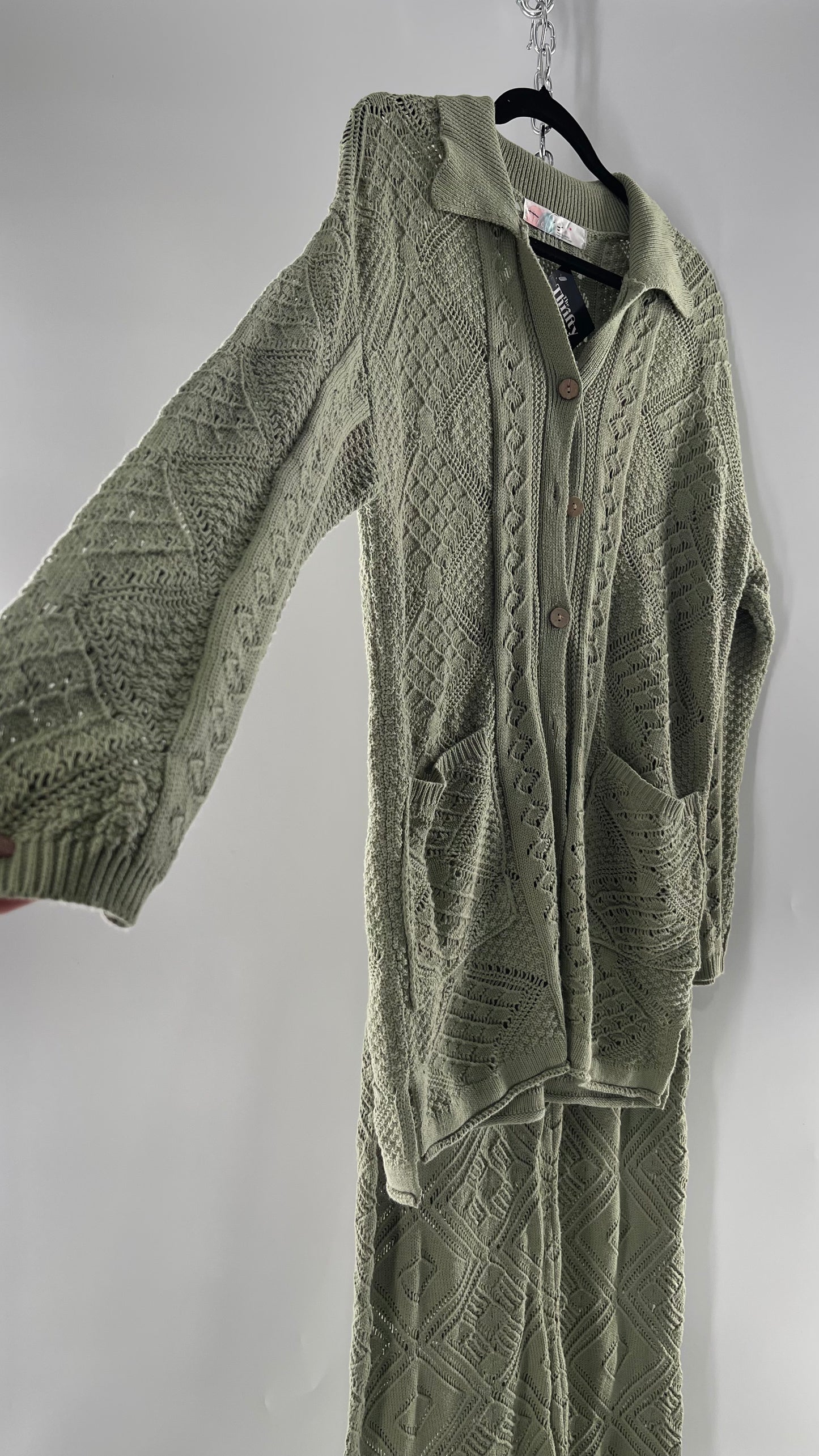 Free People Beach Sage Green Crochet Wooden Button Front Cardigan and Wide Leg Set (Medium)