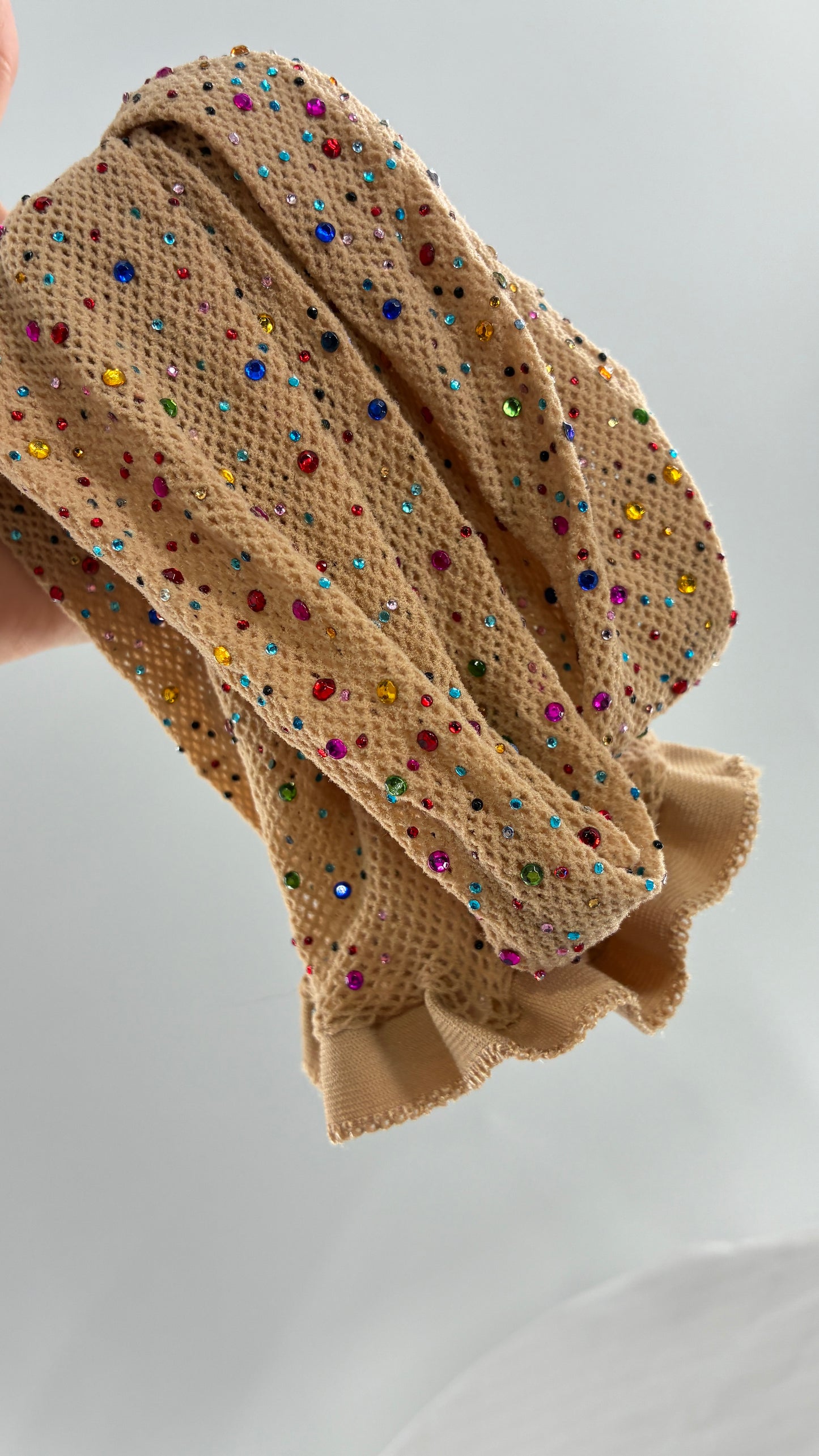 Beige Mesh Tights with All-Over Multicolored Rhinestones