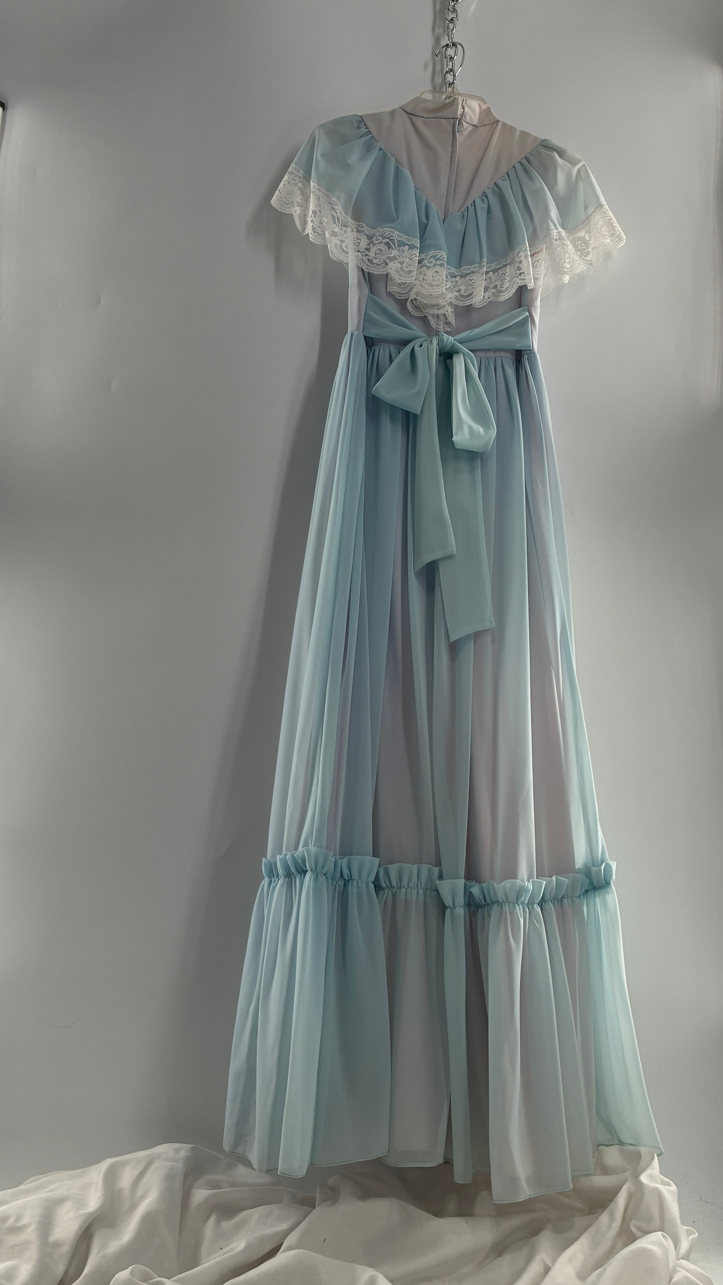 Vintage Handmade 1960s Powder Blue Overlay, Lilac Underlay Gown, Prairie Wedding Dress